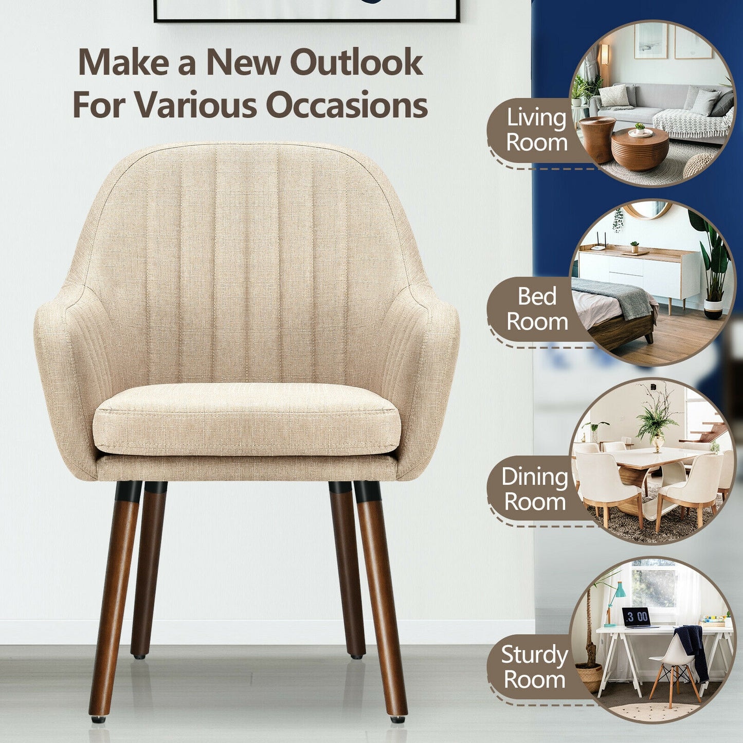 Set of 2 Linen Upholstered Armchairs with Natural Wood Legs and Padded Seat in Beige