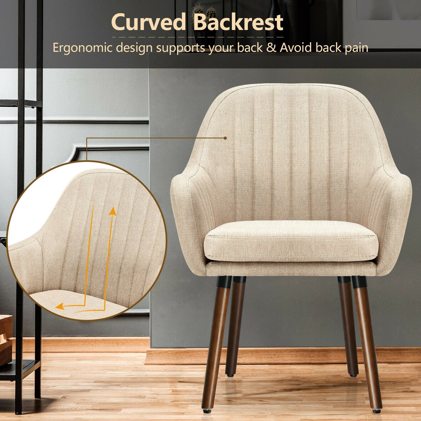Set of 2 Linen Upholstered Armchairs with Natural Wood Legs and Padded Seat in Beige