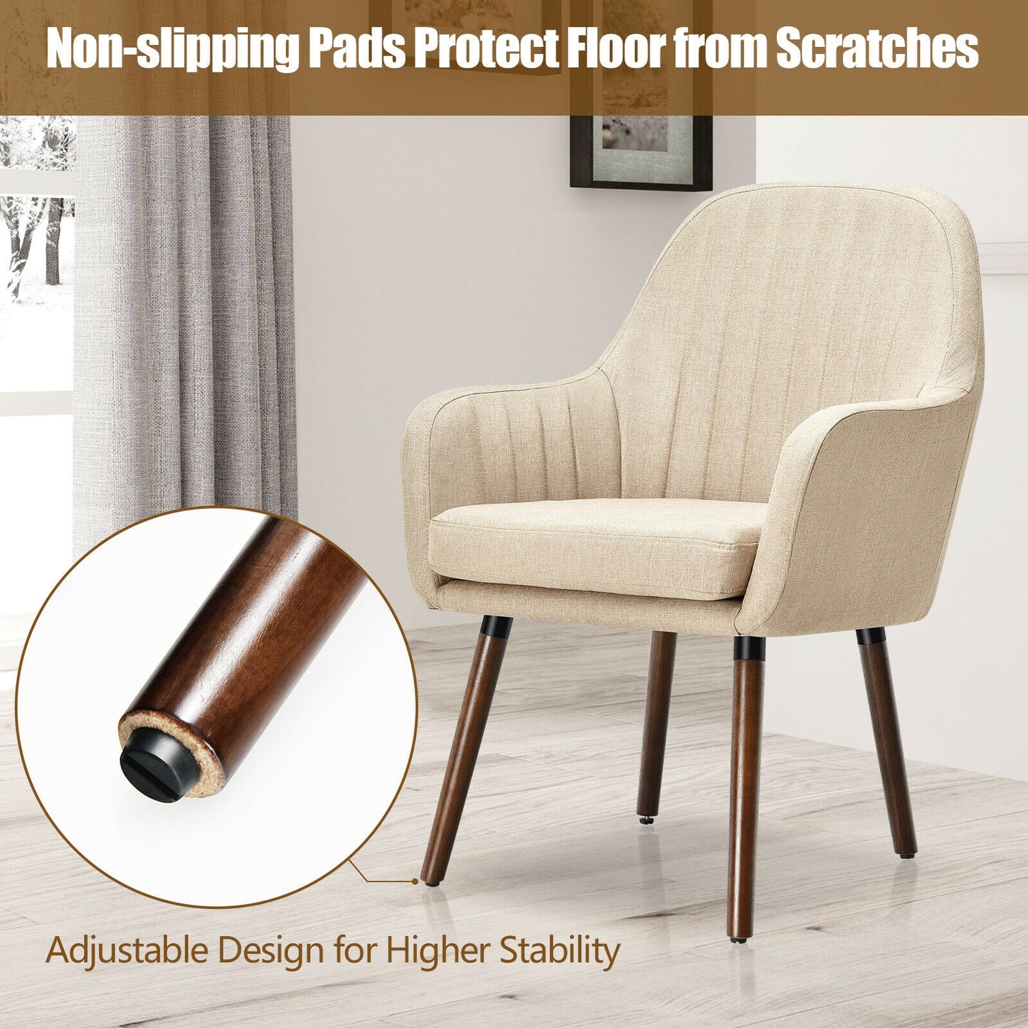 Set of 2 Linen Upholstered Armchairs with Natural Wood Legs and Padded Seat in Beige