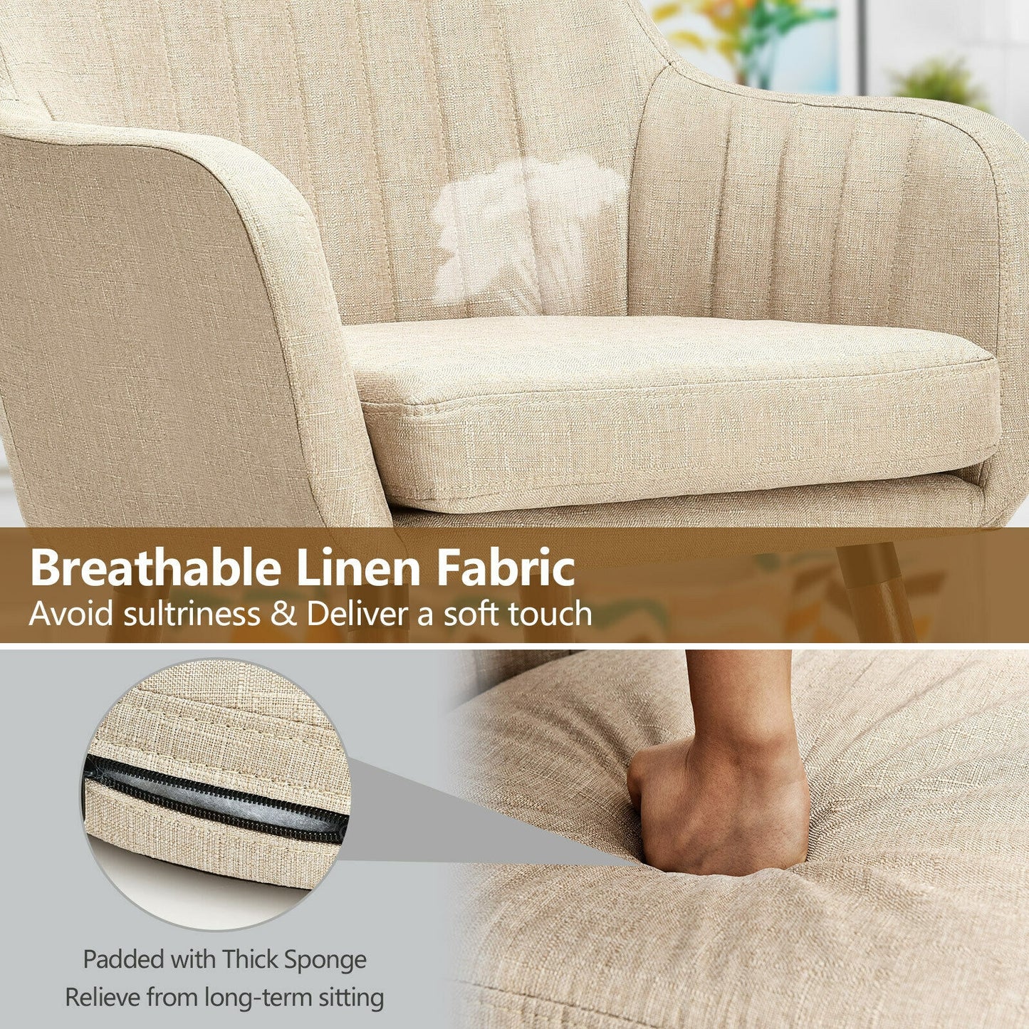 Set of 2 Linen Upholstered Armchairs with Natural Wood Legs and Padded Seat in Beige