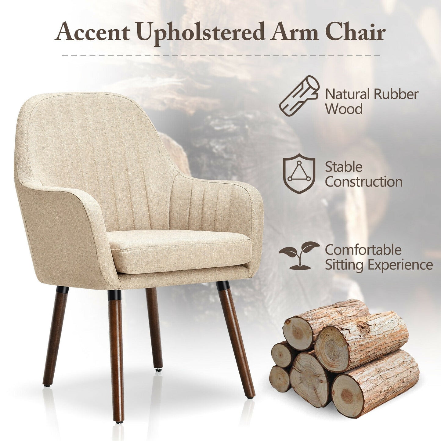 Set of 2 Linen Upholstered Armchairs with Natural Wood Legs and Padded Seat in Beige