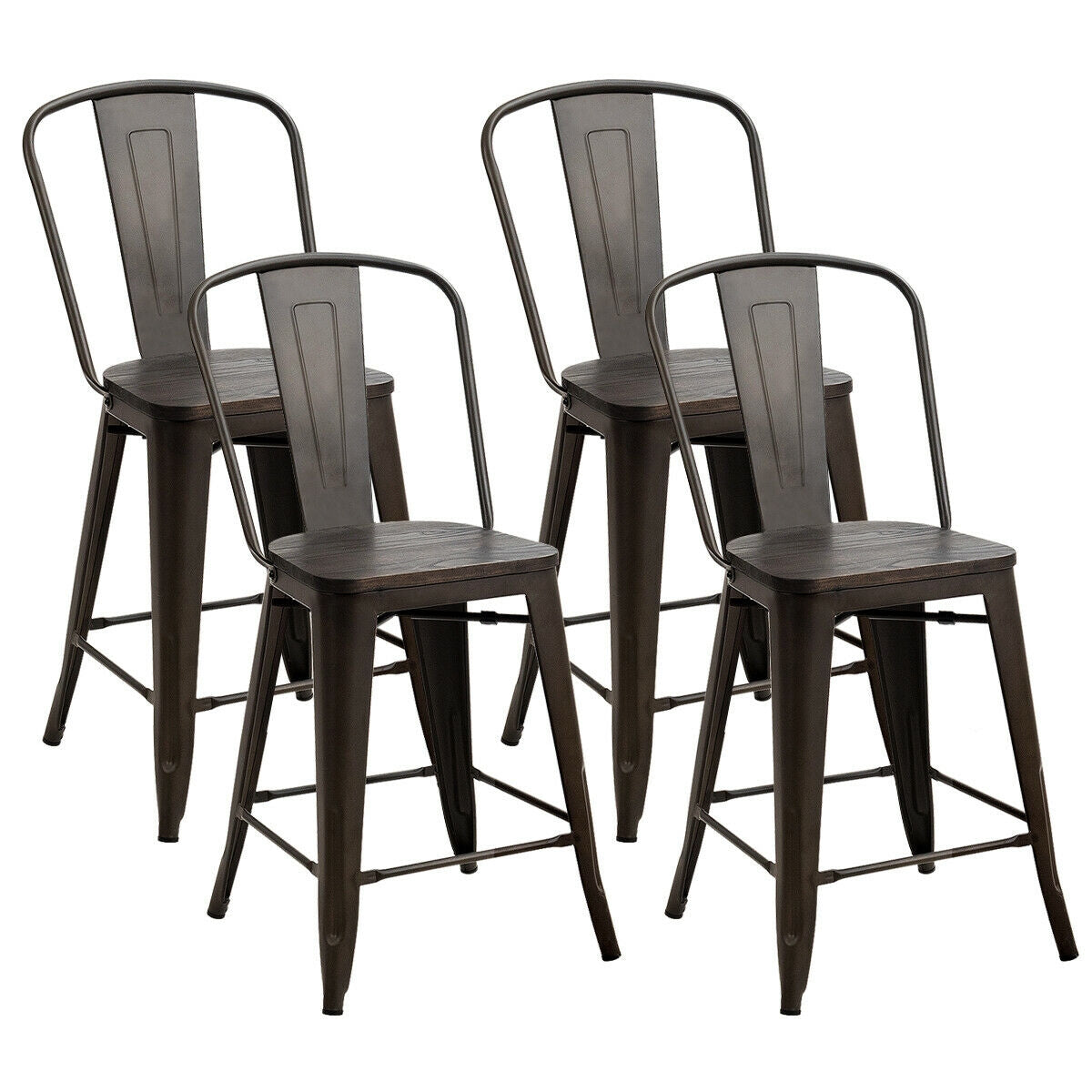 Set of 4 Industrial Metal Counter Height Dining Chairs with Removable Backrest, Dark Brown