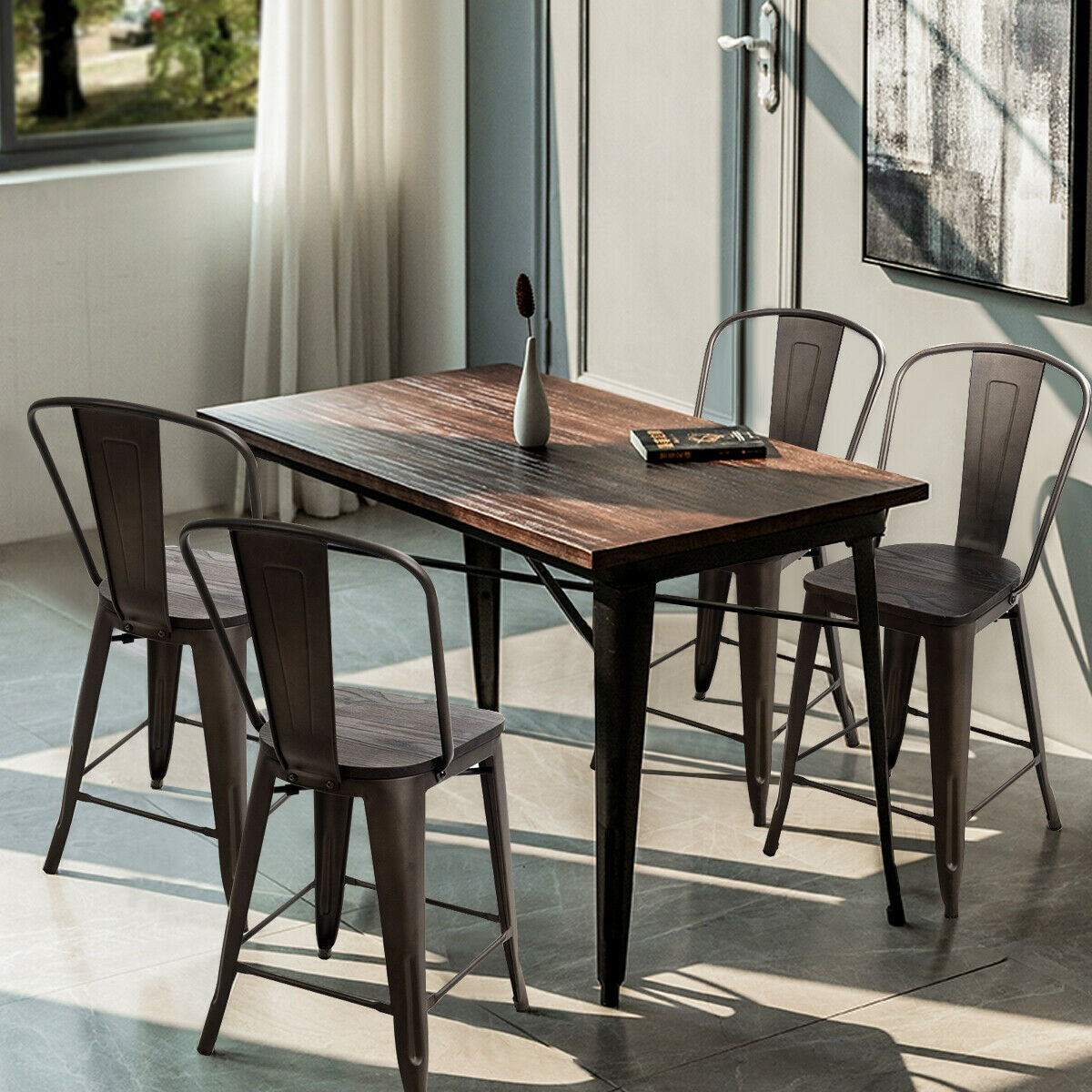 Set of 4 Industrial Metal Counter Height Dining Chairs with Removable Backrest, Dark Brown
