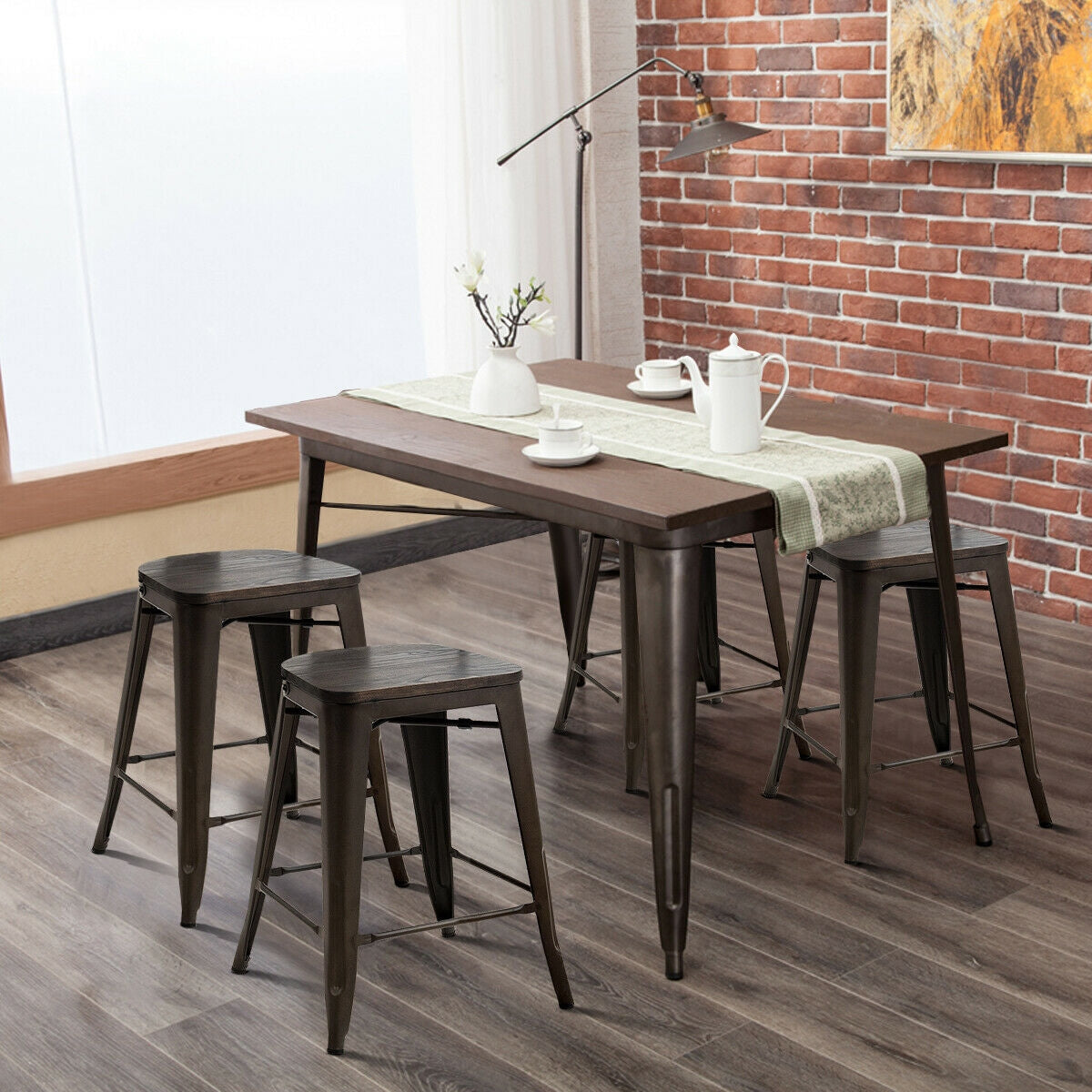 Set of 4 Industrial Metal Counter Height Dining Chairs with Removable Backrest, Dark Brown