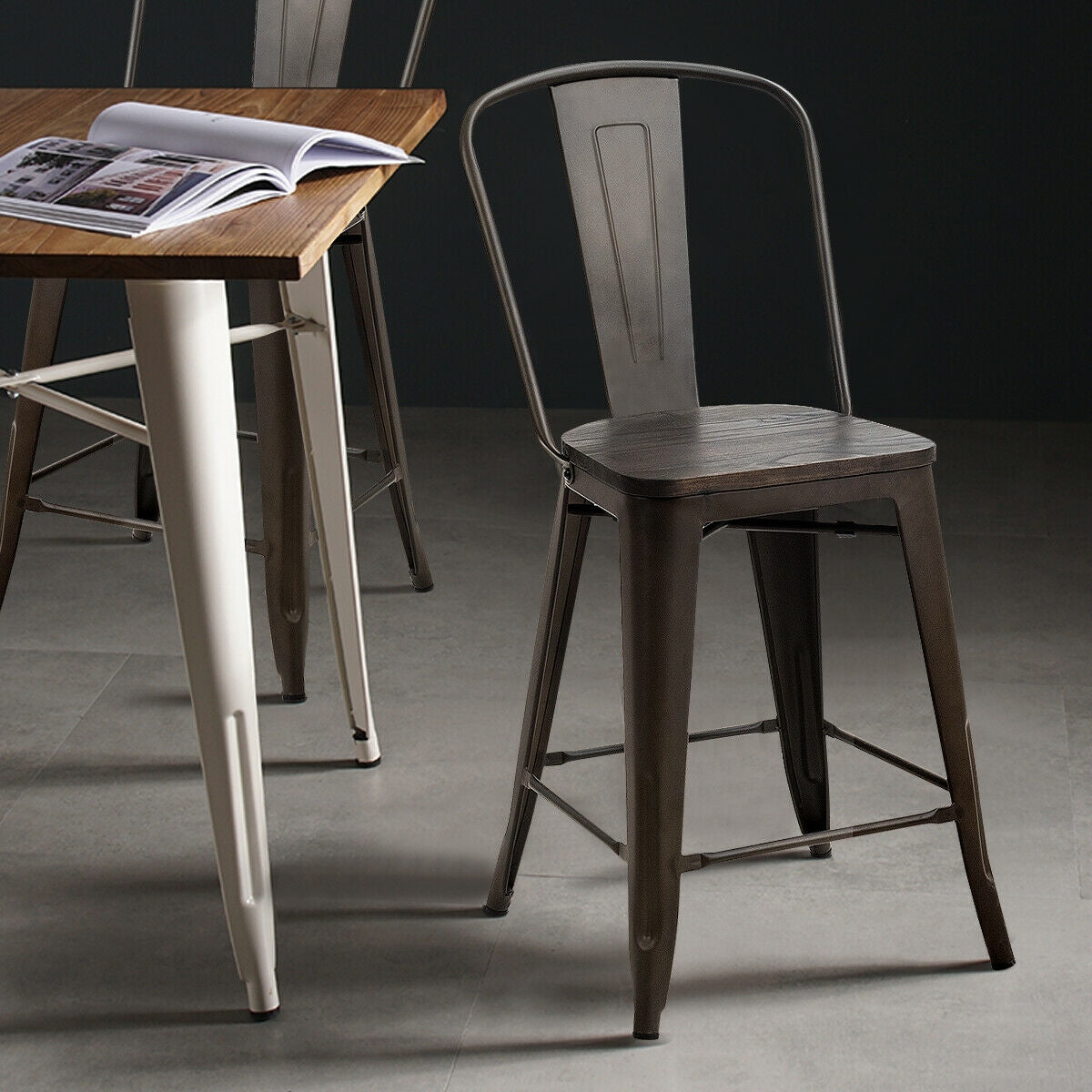 Set of 4 Industrial Metal Counter Height Dining Chairs with Removable Backrest, Dark Brown