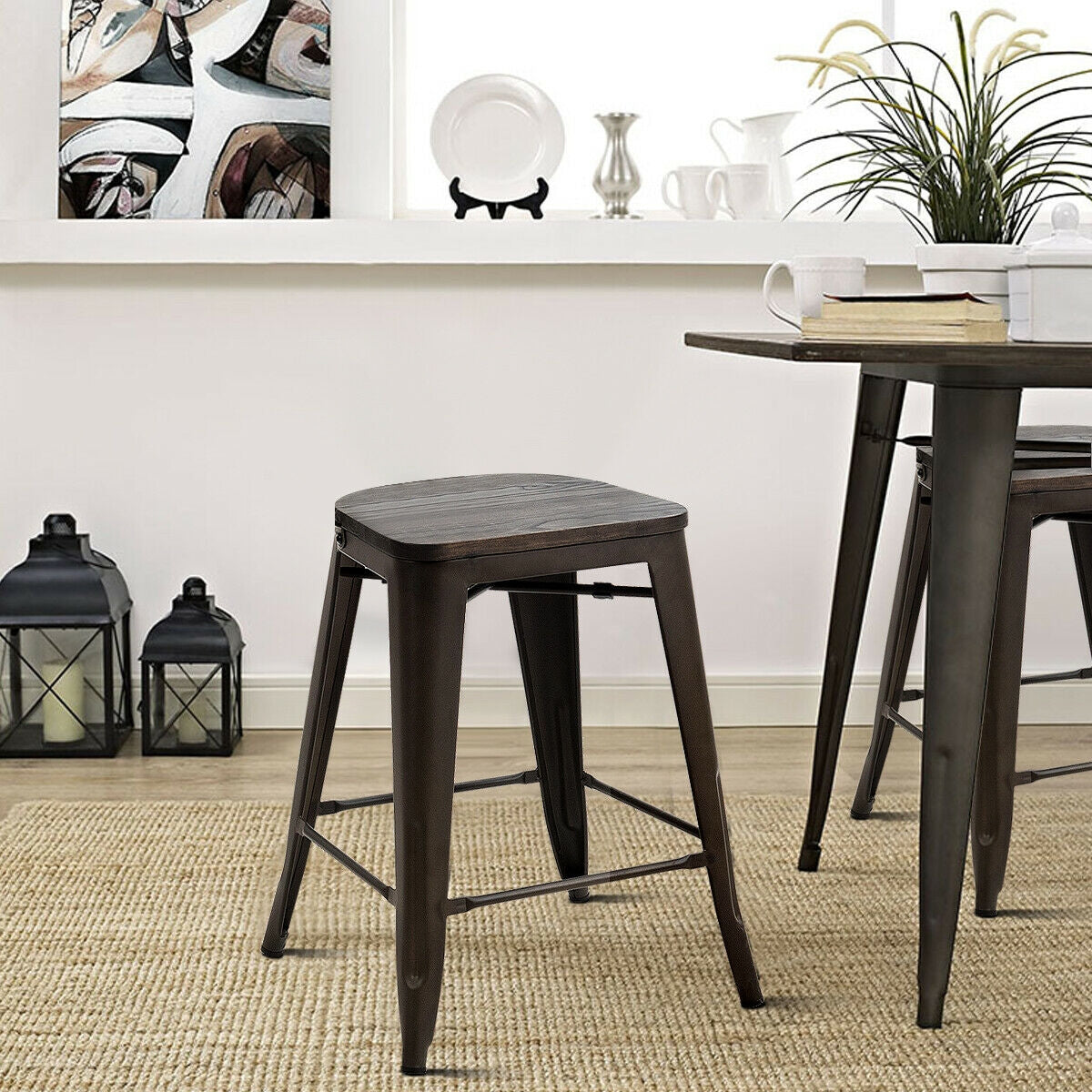 Set of 4 Industrial Metal Counter Height Dining Chairs with Removable Backrest, Dark Brown