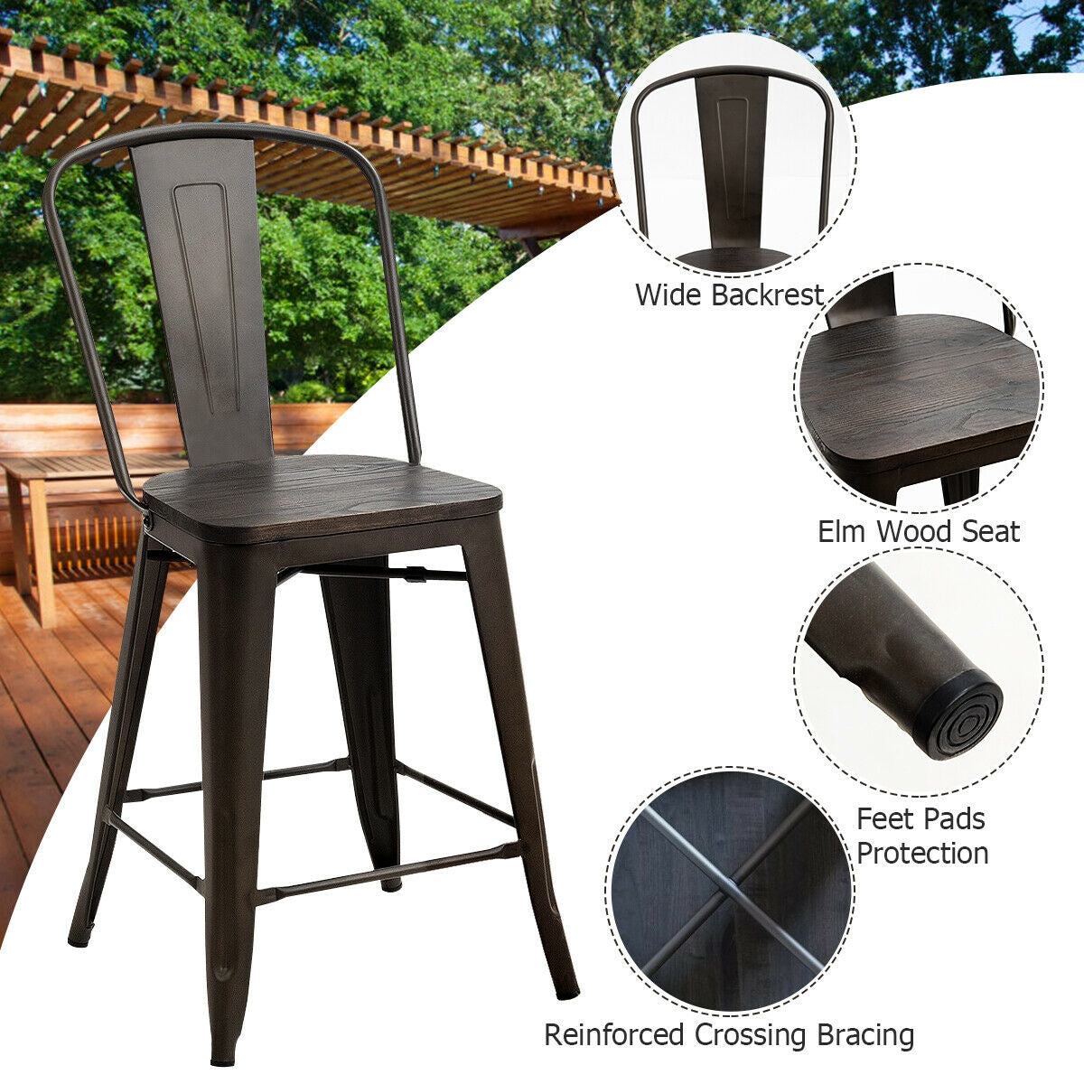 Set of 4 Industrial Metal Counter Height Dining Chairs with Removable Backrest, Dark Brown