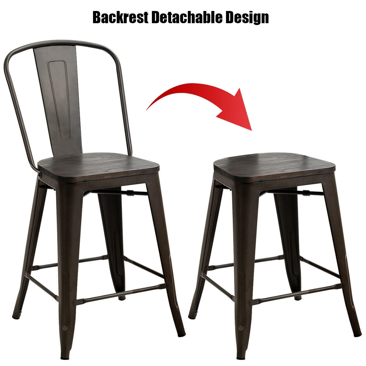 Set of 4 Industrial Metal Counter Height Dining Chairs with Removable Backrest, Dark Brown