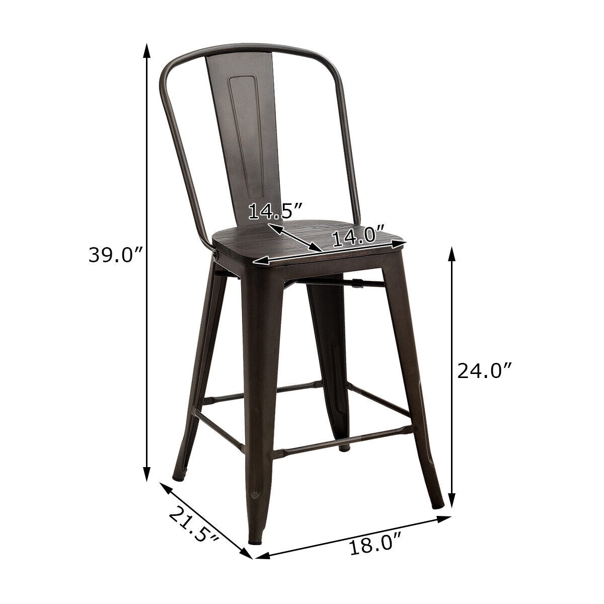 Set of 4 Industrial Metal Counter Height Dining Chairs with Removable Backrest, Dark Brown