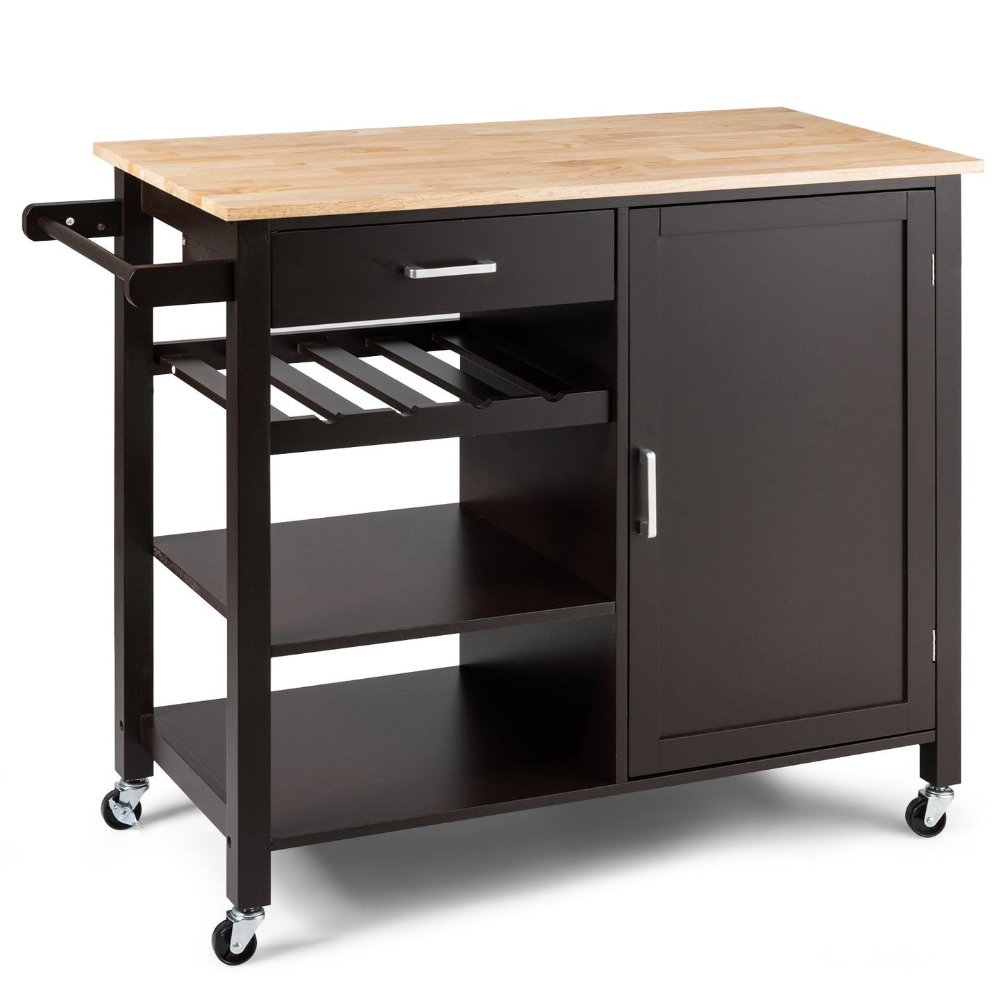 Rolling Kitchen Island Cart with Wood Top and Storage Shelves - Brown