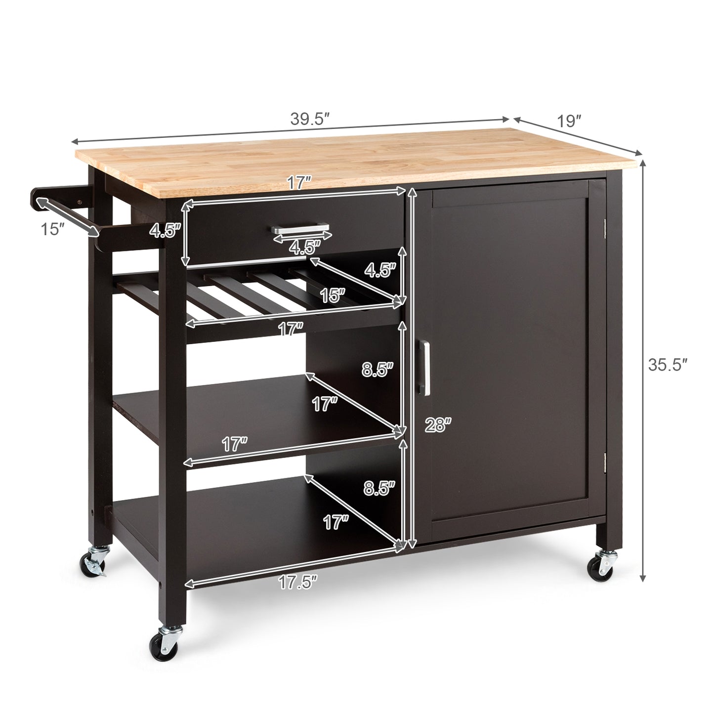 Rolling Kitchen Island Cart with Wood Top and Storage Shelves - Brown