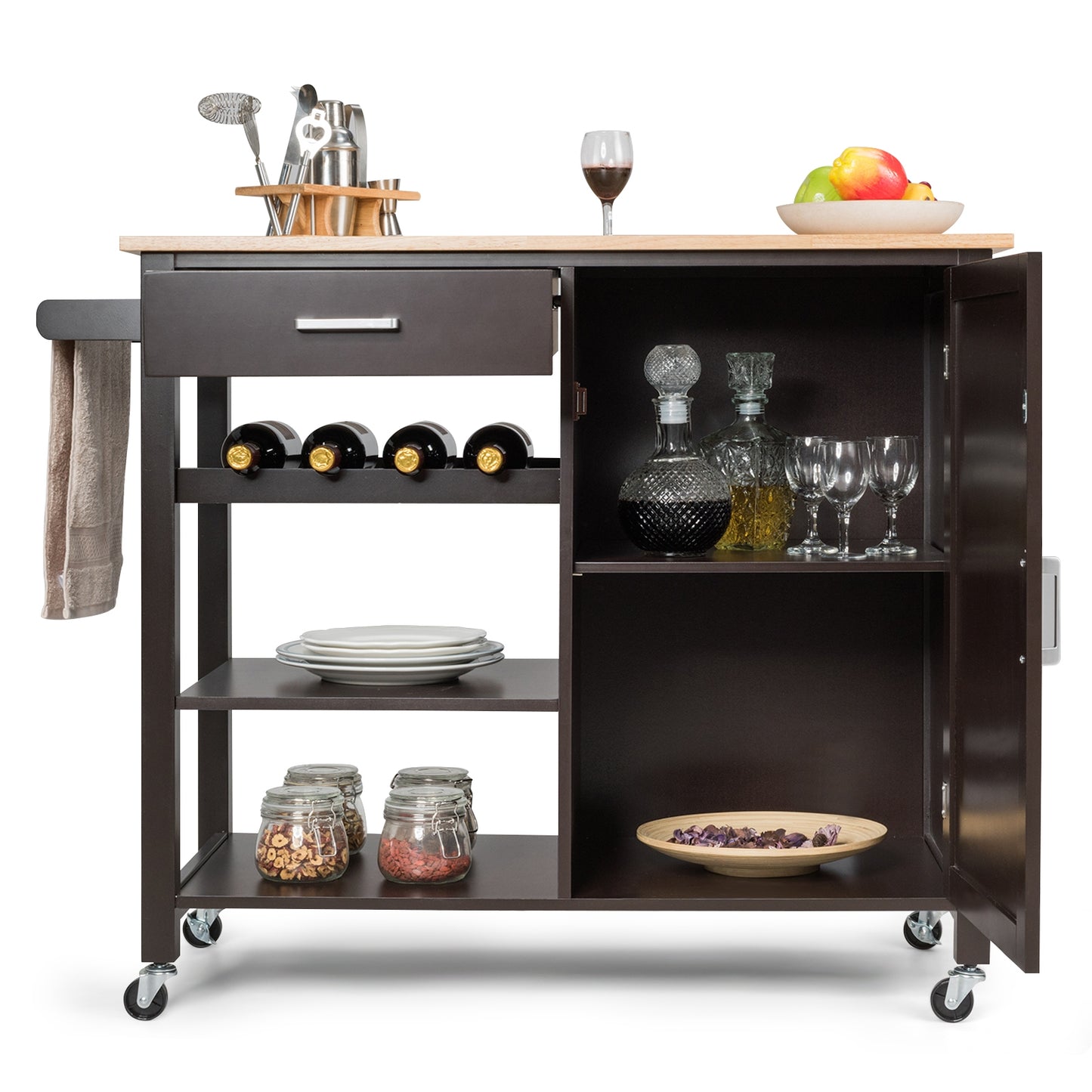 Rolling Kitchen Island Cart with Wood Top and Storage Shelves - Brown