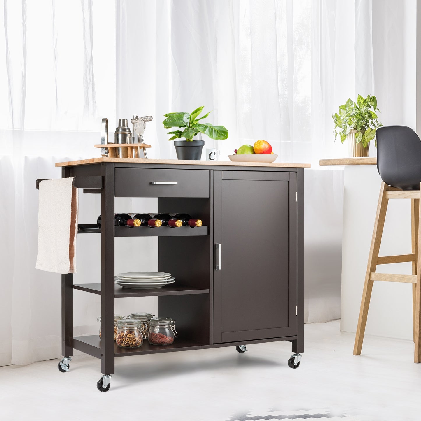 Rolling Kitchen Island Cart with Wood Top and Storage Shelves - Brown