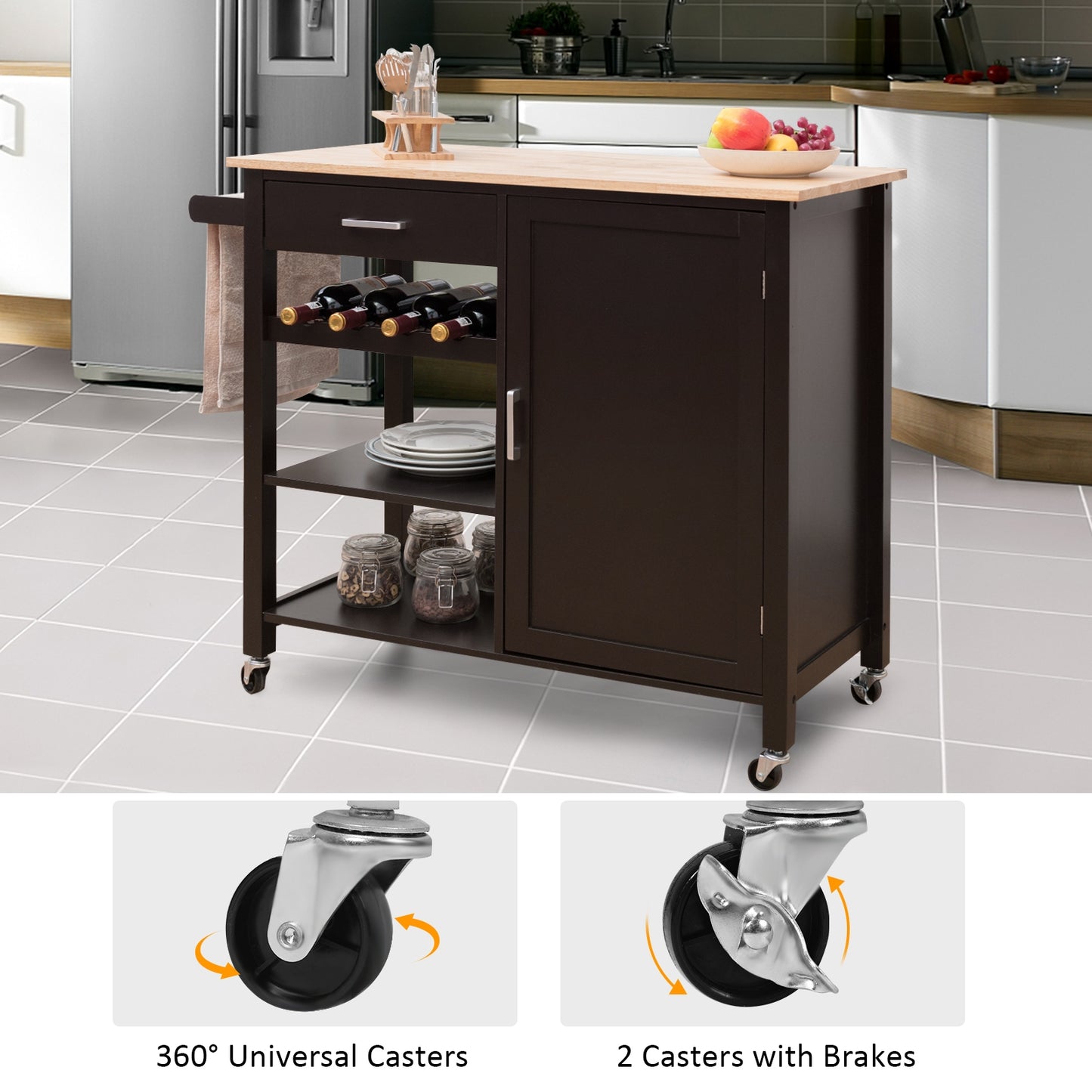 Rolling Kitchen Island Cart with Wood Top and Storage Shelves - Brown