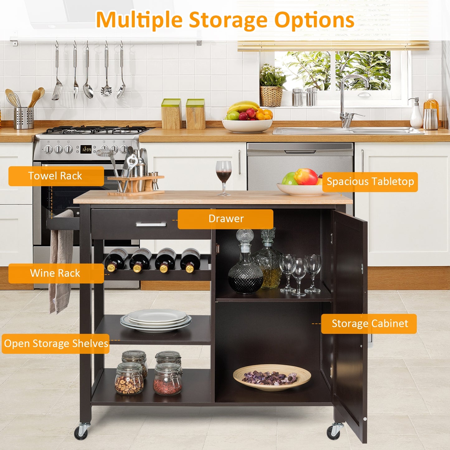 Rolling Kitchen Island Cart with Wood Top and Storage Shelves - Brown