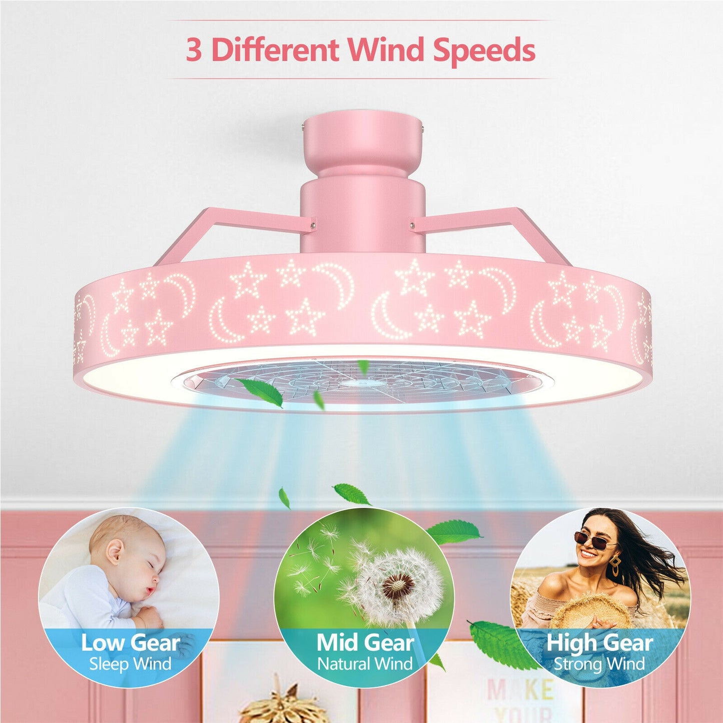 23 Inch Starry Sky Ceiling Fan with Dimmable LED Light & Remote Control – Pink