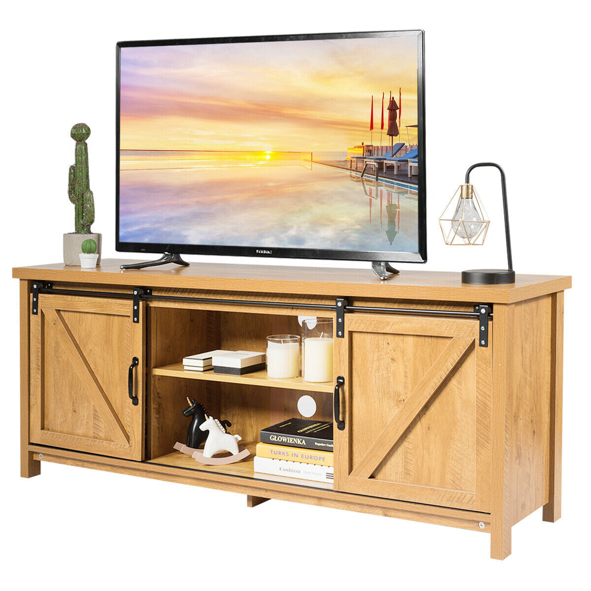 Sliding Barn Door TV Stand and Media Console Cabinet with Storage for TVs up to 65 Inches - Golden