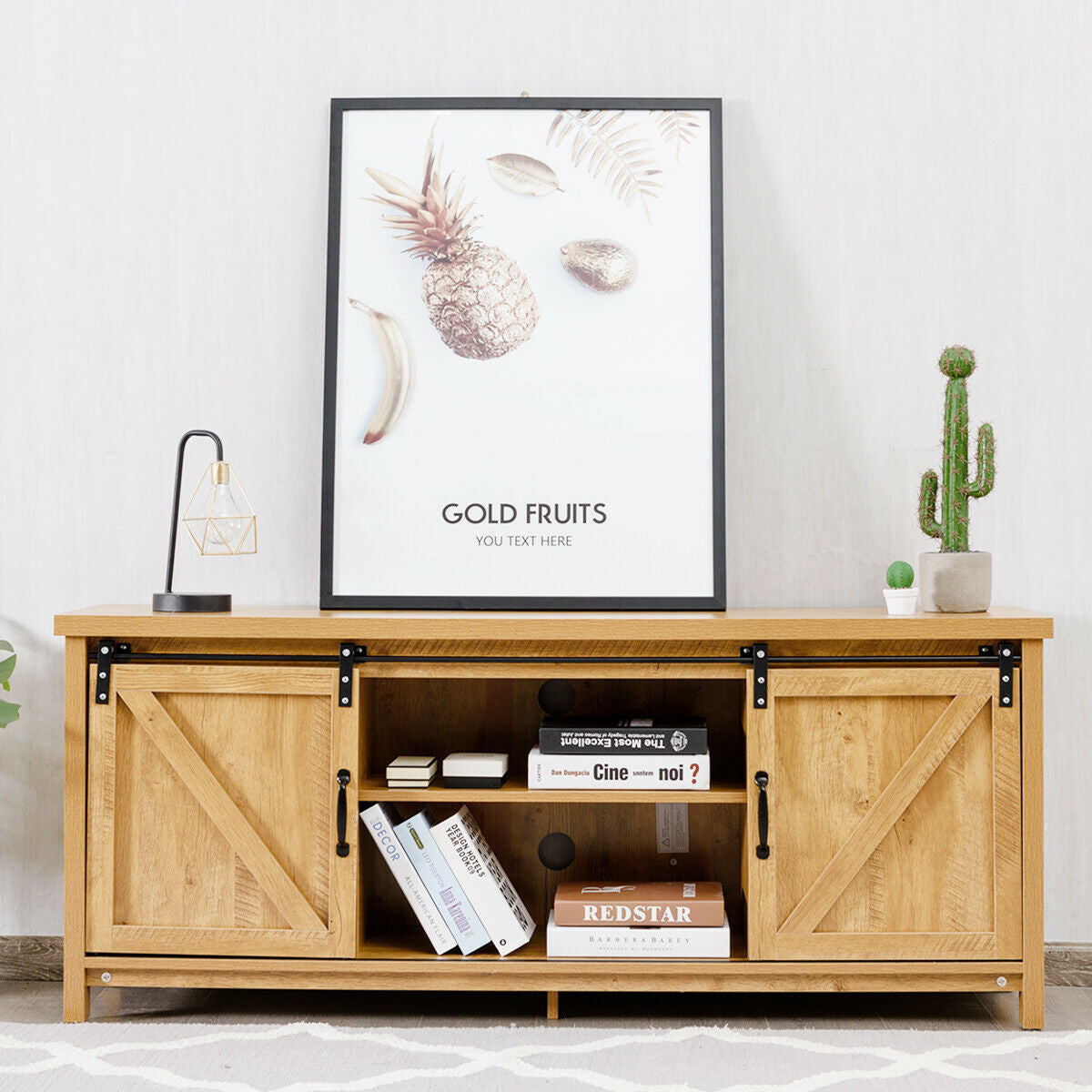 Sliding Barn Door TV Stand and Media Console Cabinet with Storage for TVs up to 65 Inches - Golden