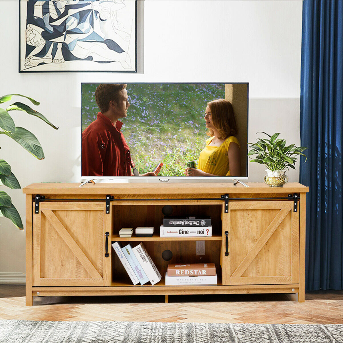 Sliding Barn Door TV Stand and Media Console Cabinet with Storage for TVs up to 65 Inches - Golden