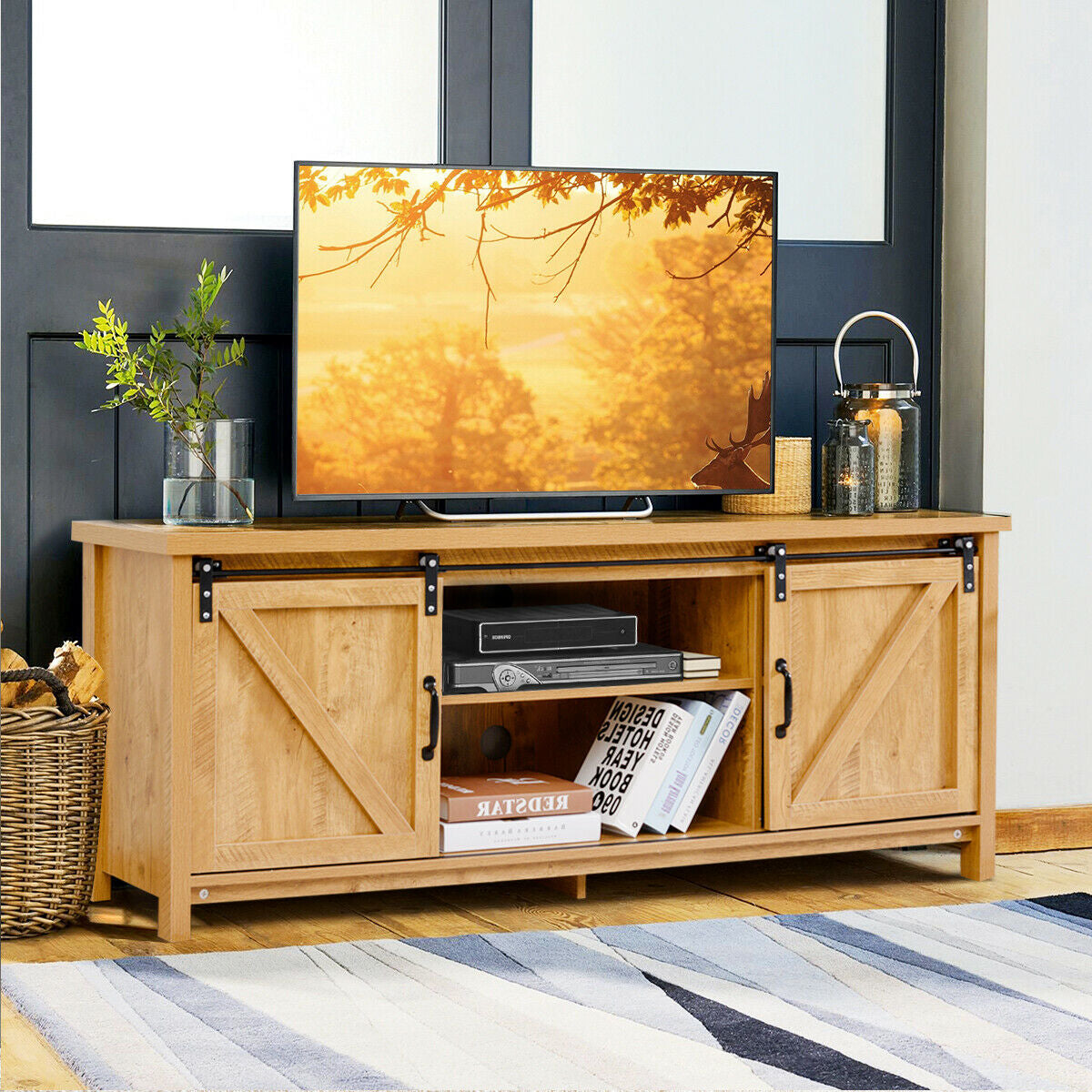 Sliding Barn Door TV Stand and Media Console Cabinet with Storage for TVs up to 65 Inches - Golden