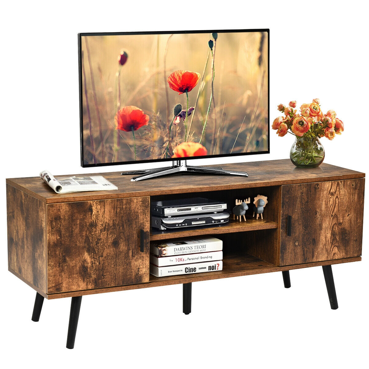Industrial Style TV Console with Cabinets in Rustic Brown Finish
