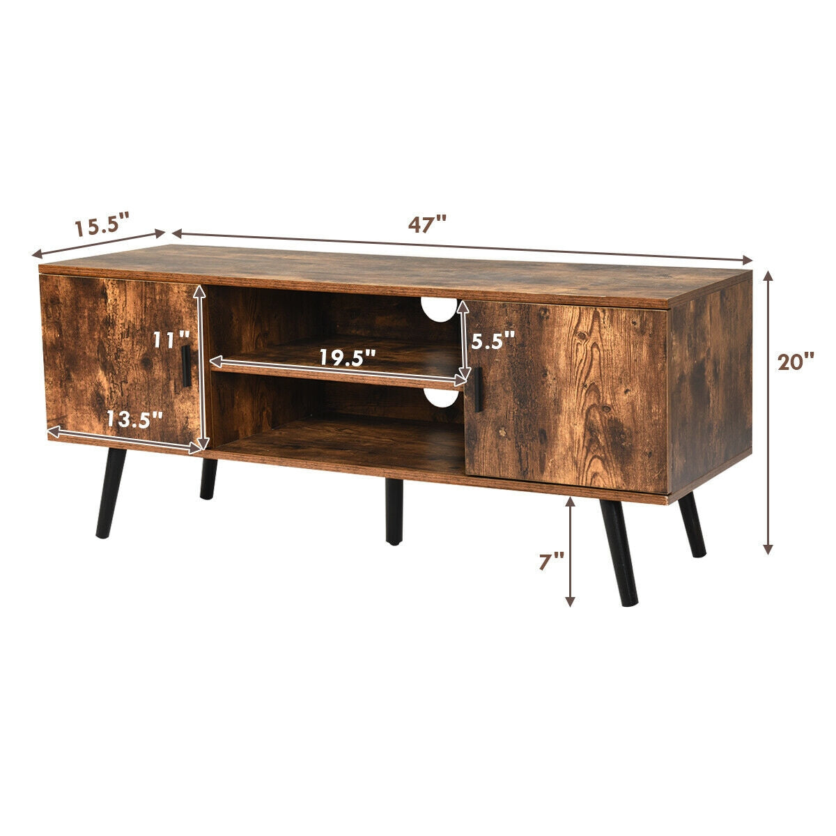 Industrial Style TV Console with Cabinets in Rustic Brown Finish