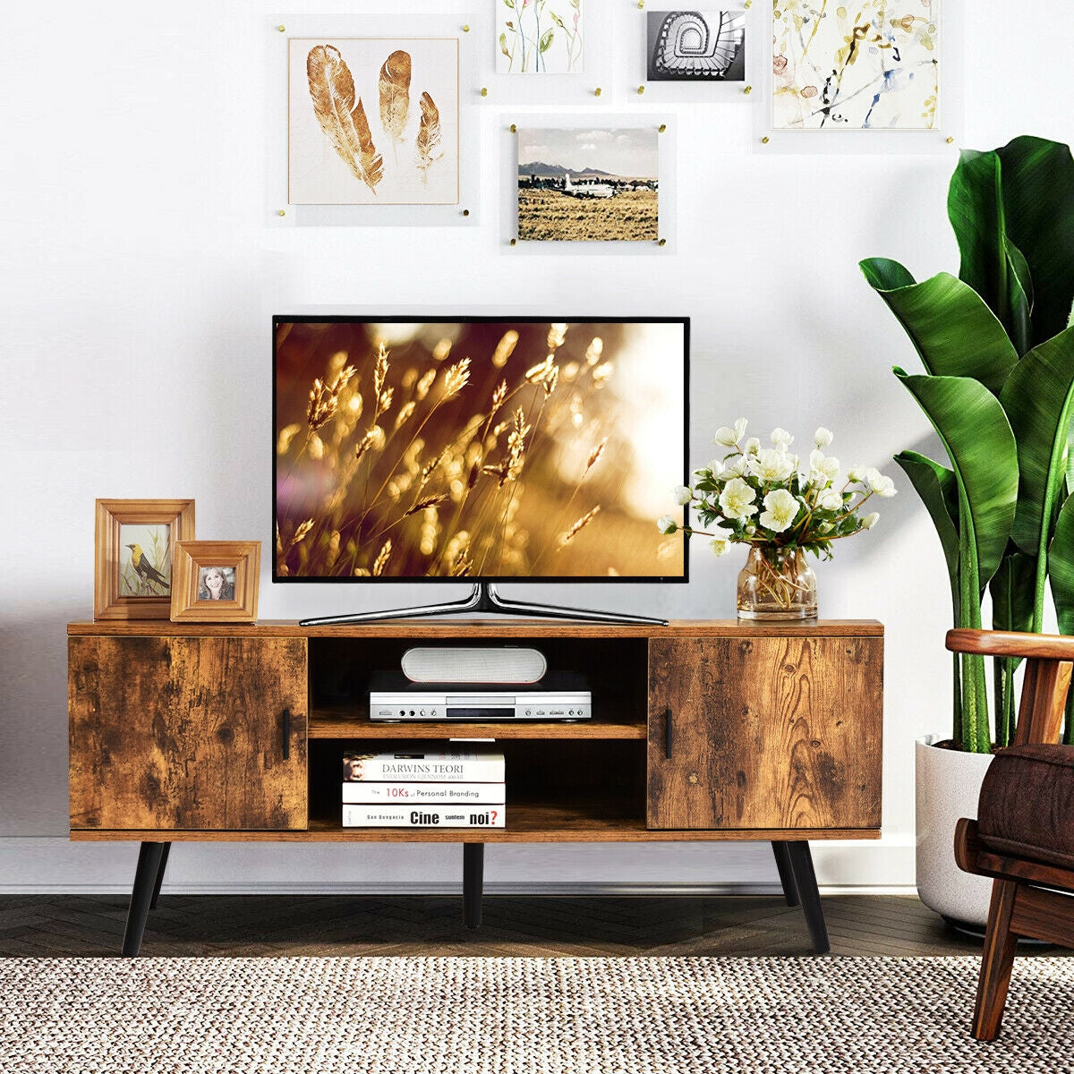 Industrial Style TV Console with Cabinets in Rustic Brown Finish