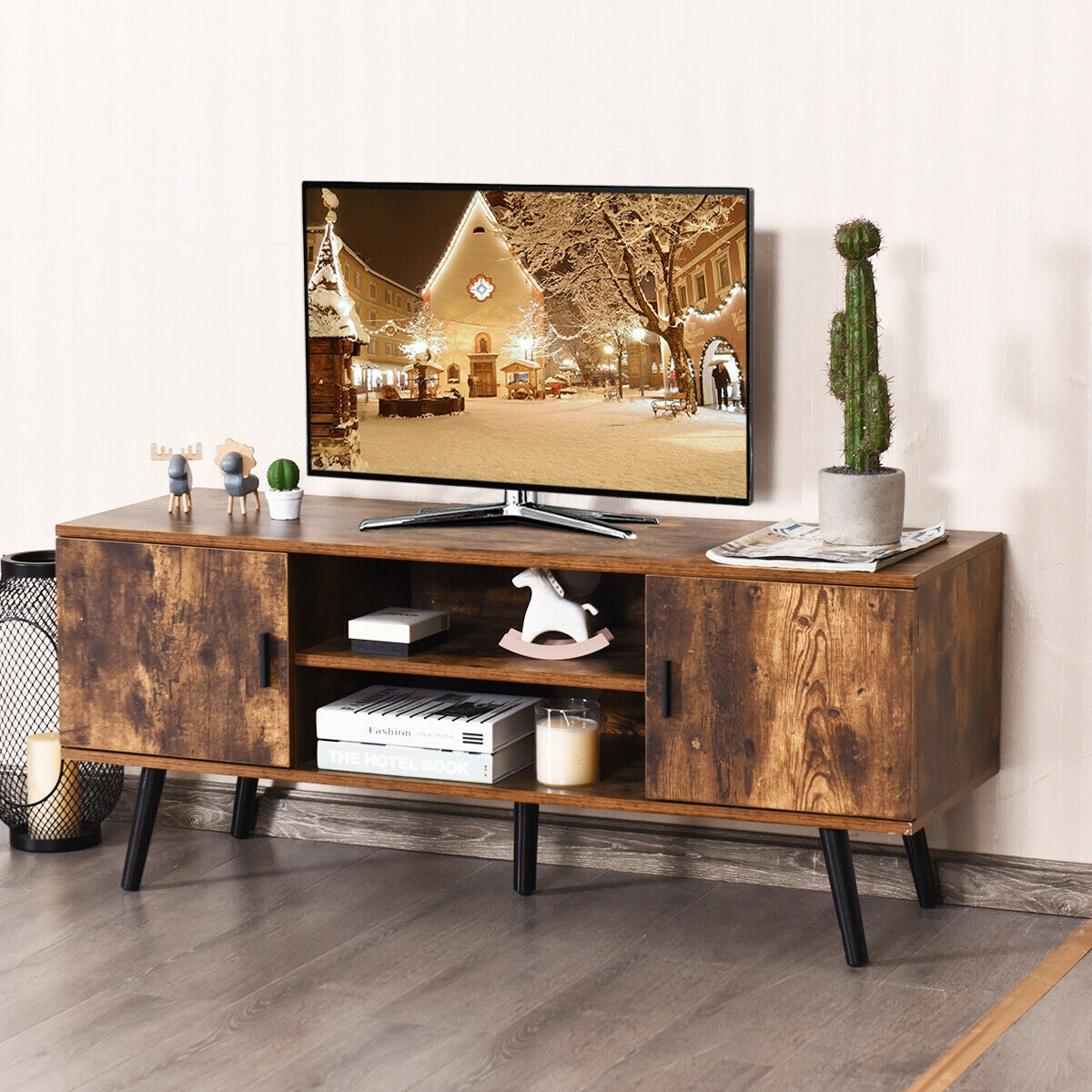 Industrial Style TV Console with Cabinets in Rustic Brown Finish