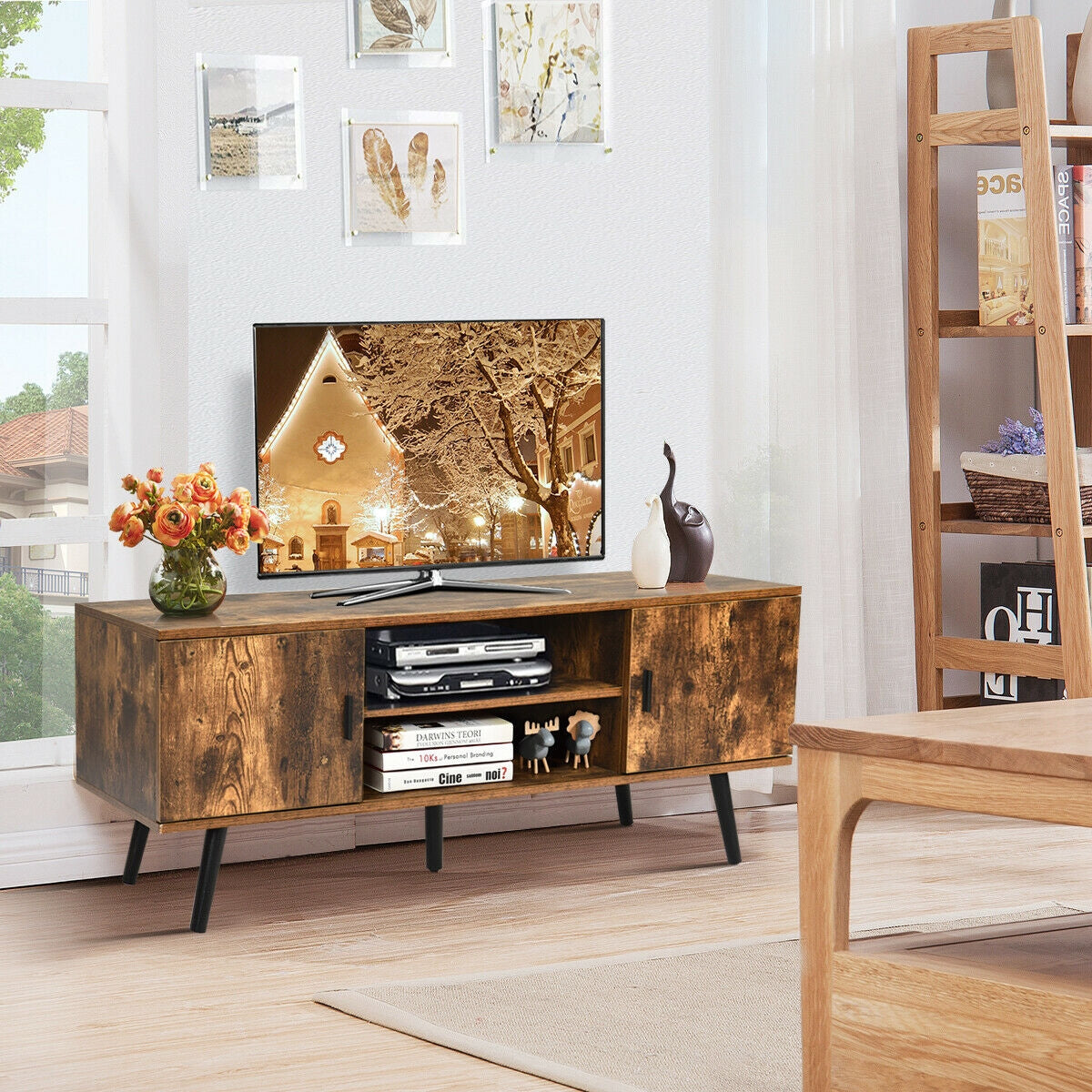 Industrial Style TV Console with Cabinets in Rustic Brown Finish