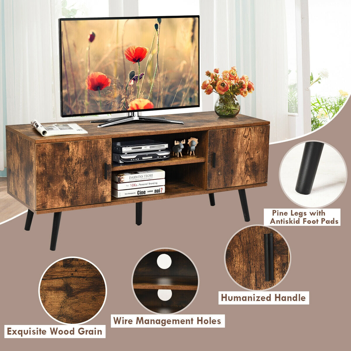 Industrial Style TV Console with Cabinets in Rustic Brown Finish