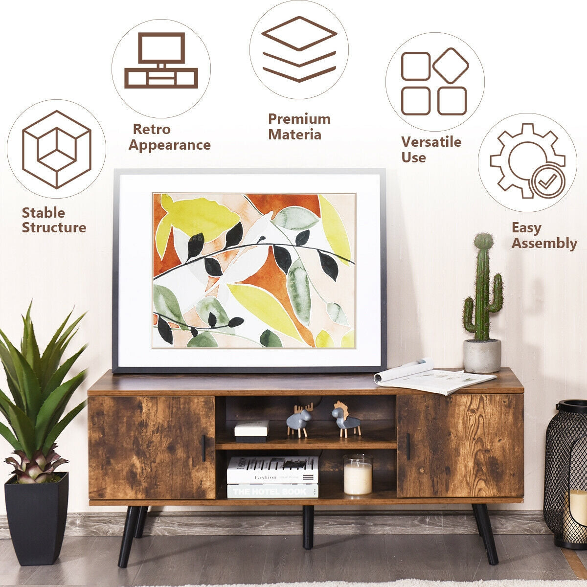 Industrial Style TV Console with Cabinets in Rustic Brown Finish