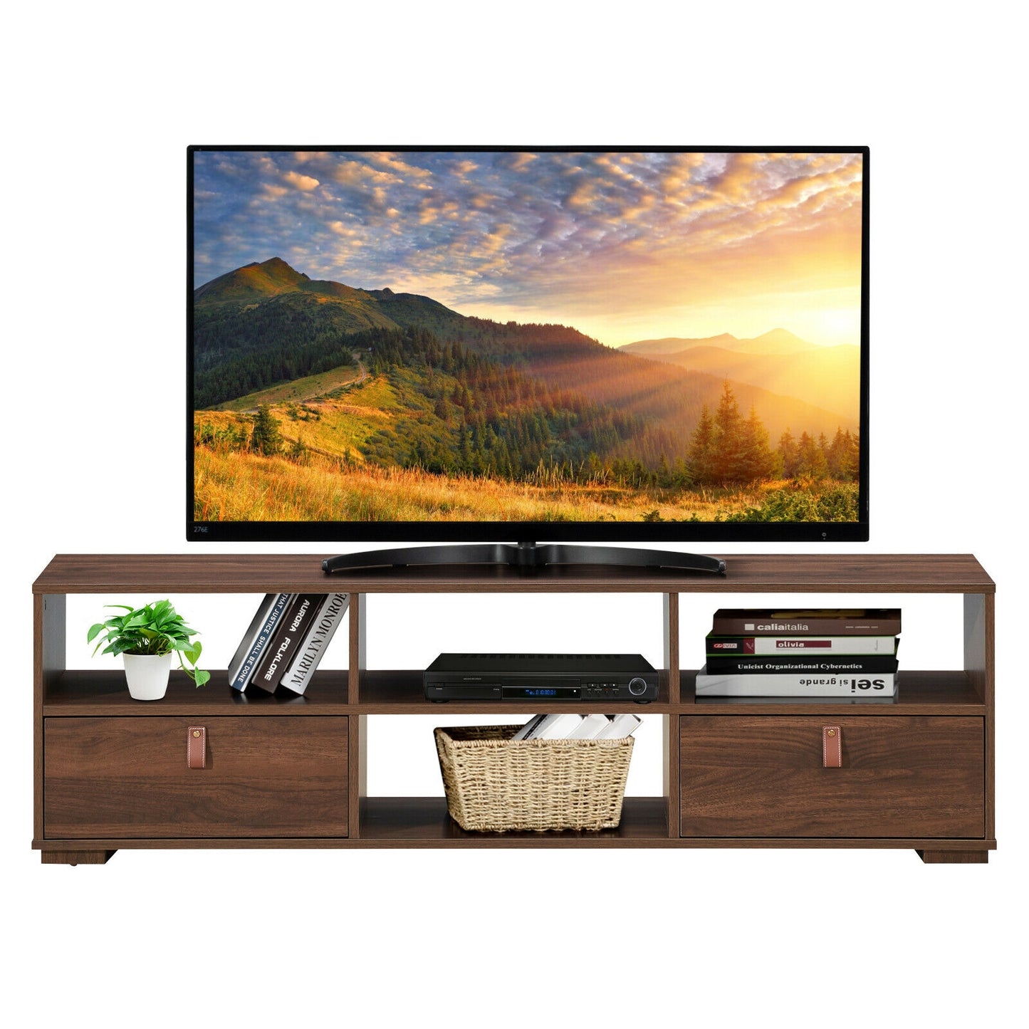 Wood TV Console with Drawers and Open Shelves for 60 Inch TVs in Walnut