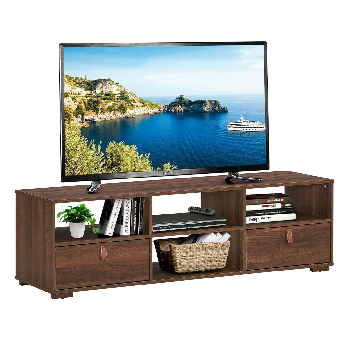 Wood TV Console with Drawers and Open Shelves for 60 Inch TVs in Walnut
