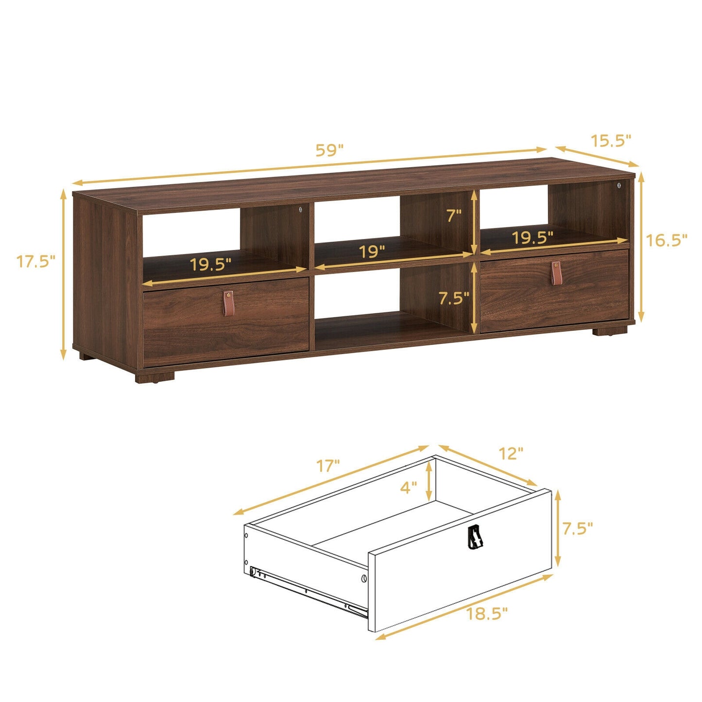 Wood TV Console with Drawers and Open Shelves for 60 Inch TVs in Walnut