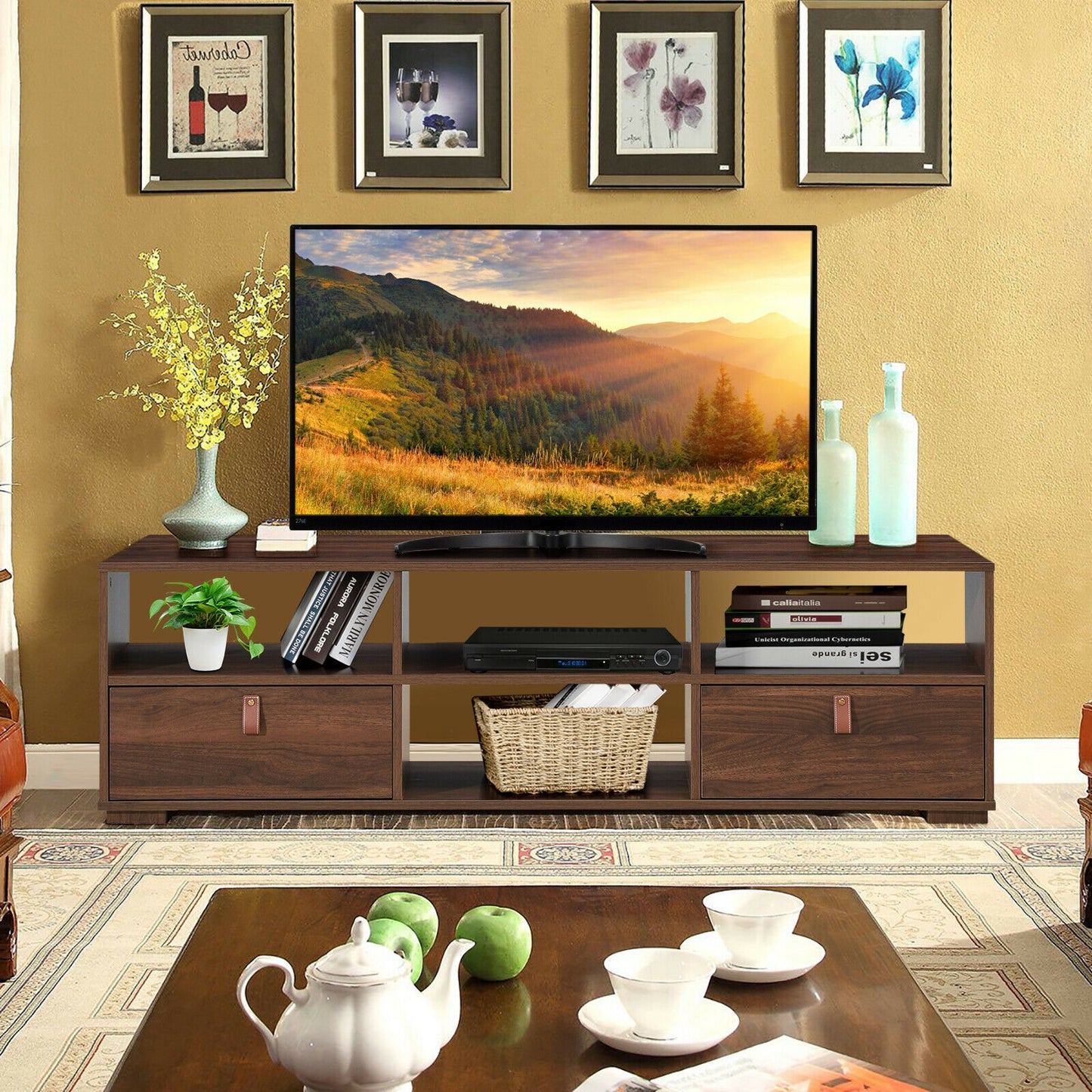 Wood TV Console with Drawers and Open Shelves for 60 Inch TVs in Walnut