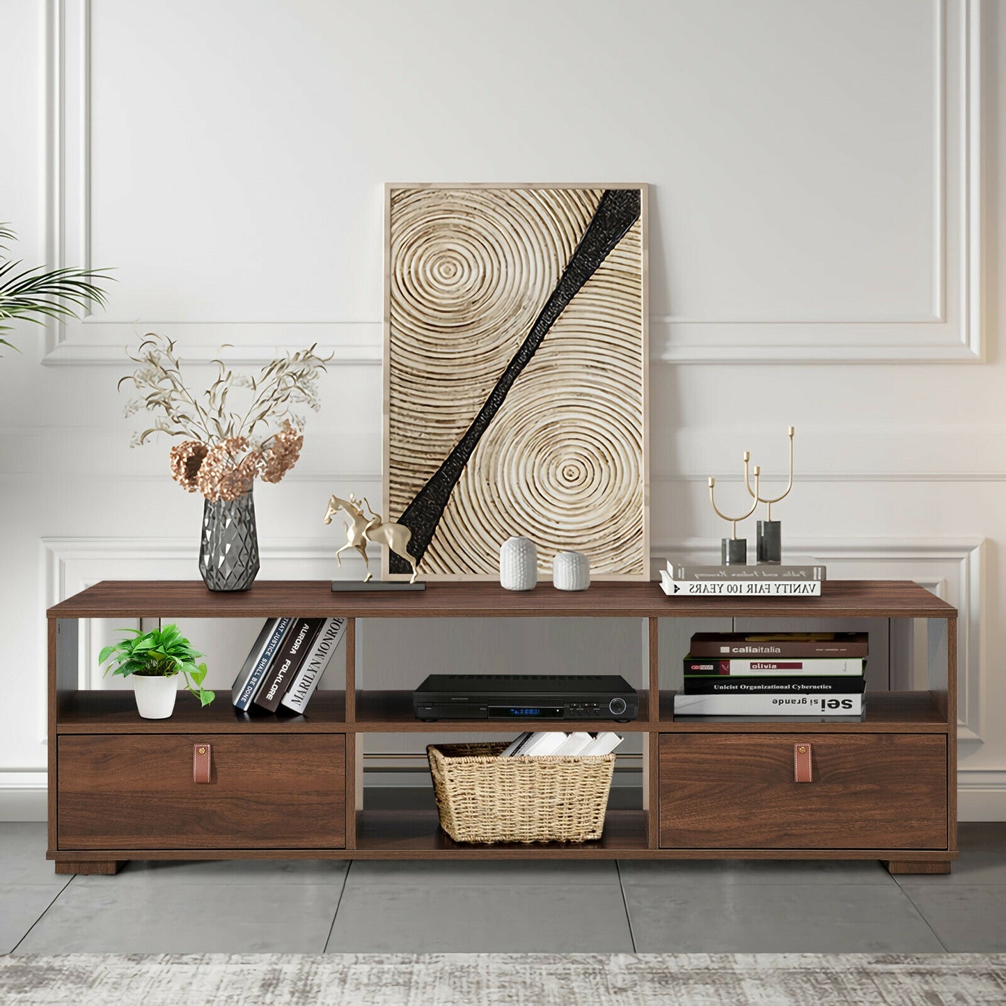 Wood TV Console with Drawers and Open Shelves for 60 Inch TVs in Walnut