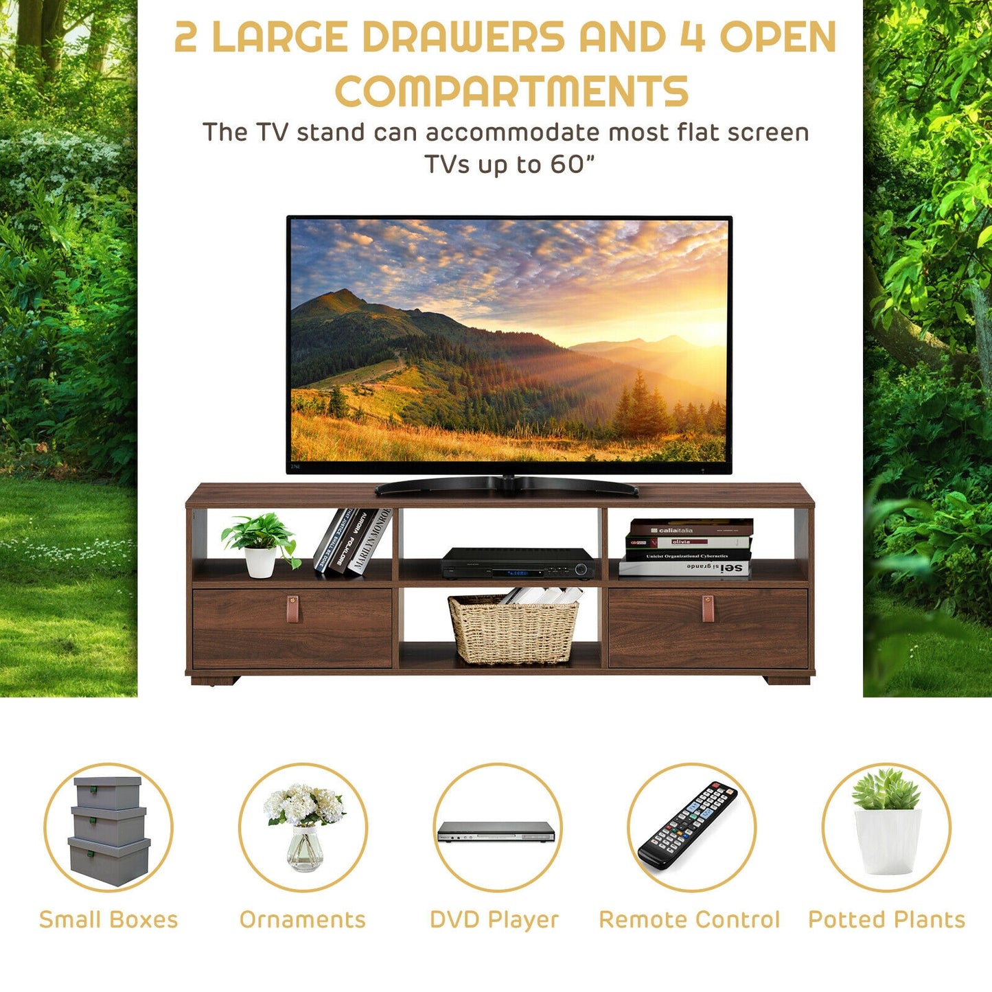 Wood TV Console with Drawers and Open Shelves for 60 Inch TVs in Walnut