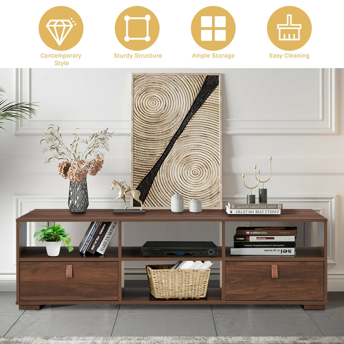 Wood TV Console with Drawers and Open Shelves for 60 Inch TVs in Walnut