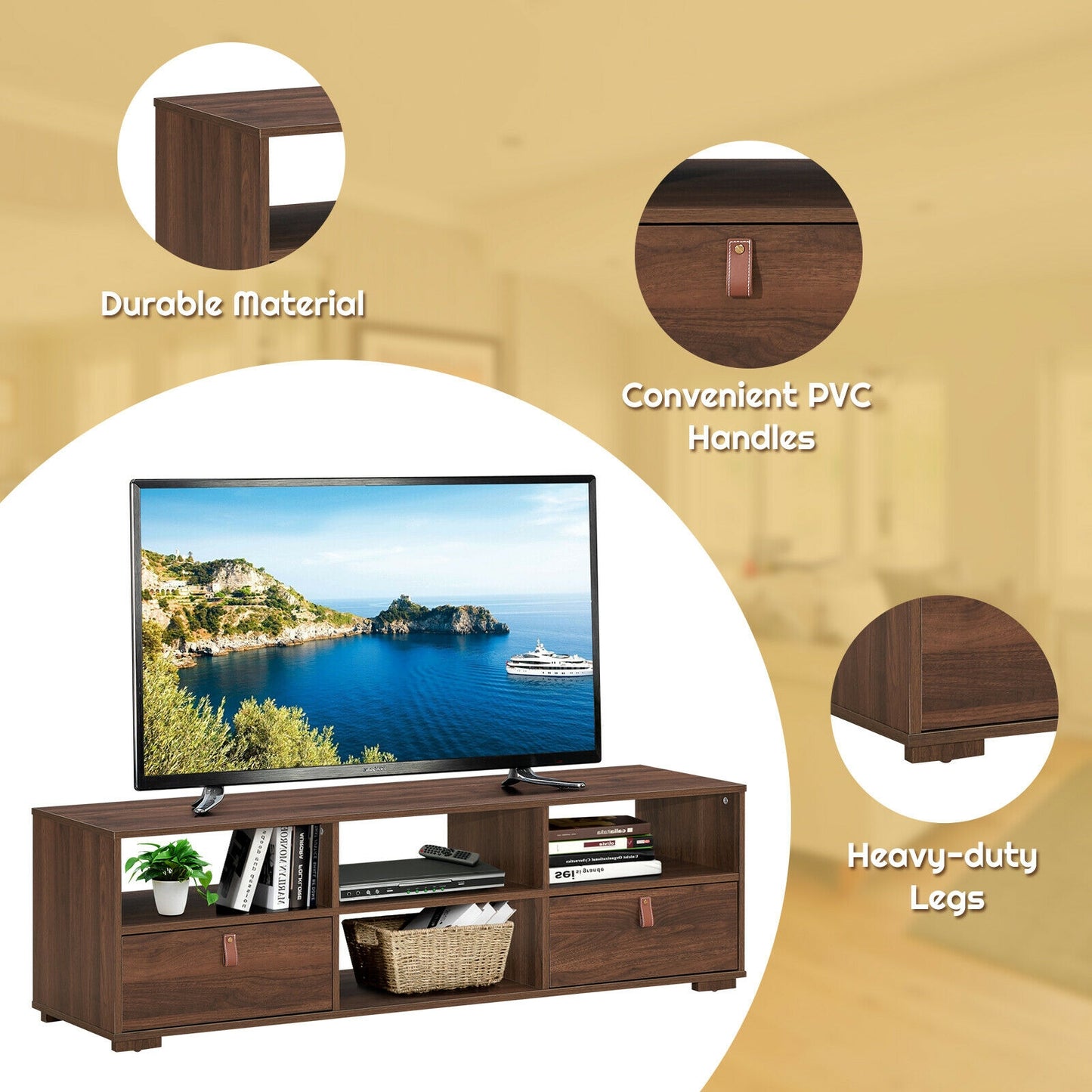Wood TV Console with Drawers and Open Shelves for 60 Inch TVs in Walnut