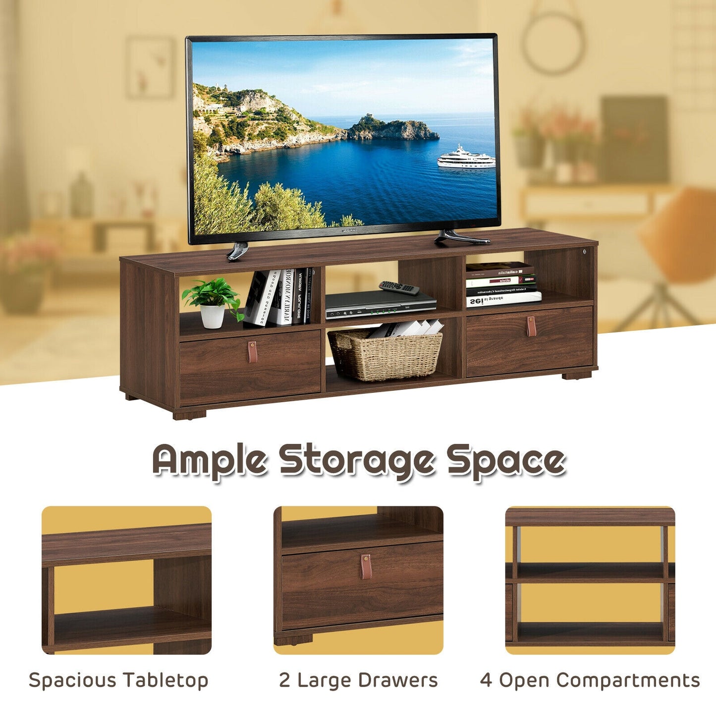 Wood TV Console with Drawers and Open Shelves for 60 Inch TVs in Walnut
