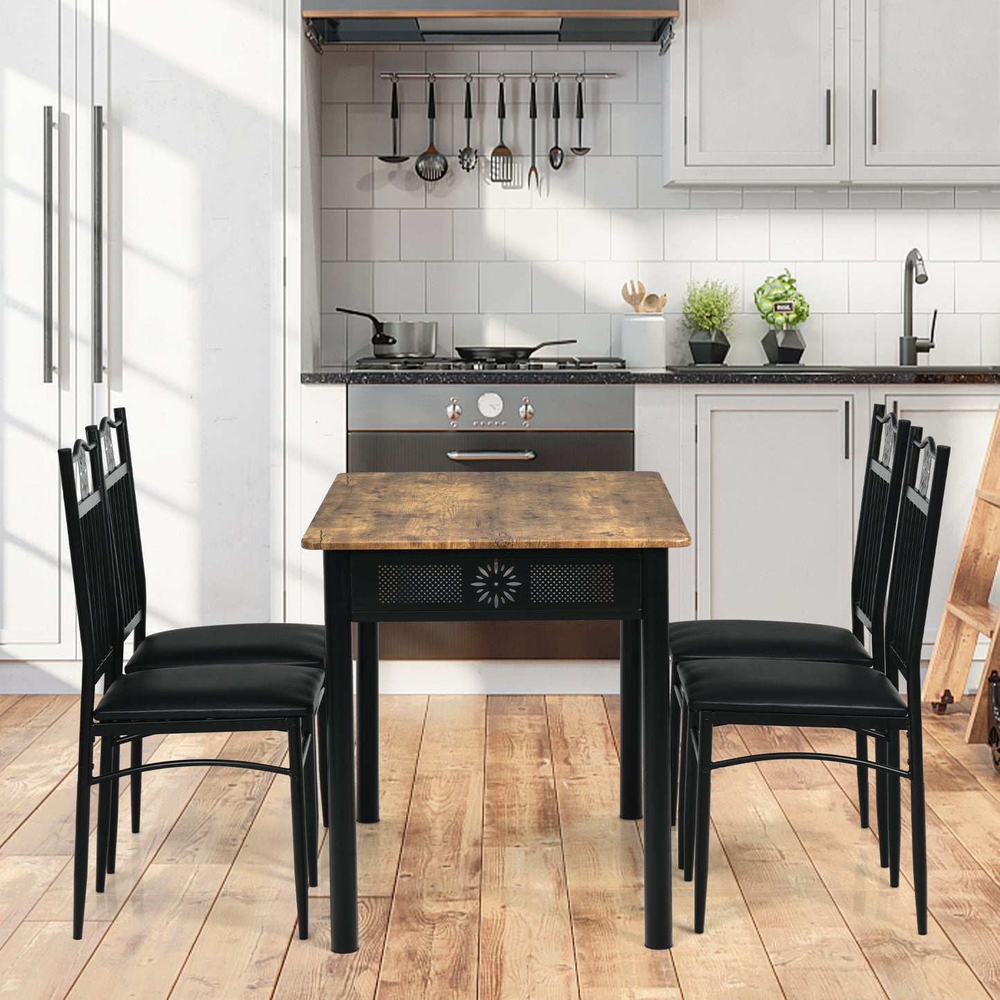 5 Piece Modern Dining Table Set with Cushioned Chairs and Metal Frame Space Saving Design - Black