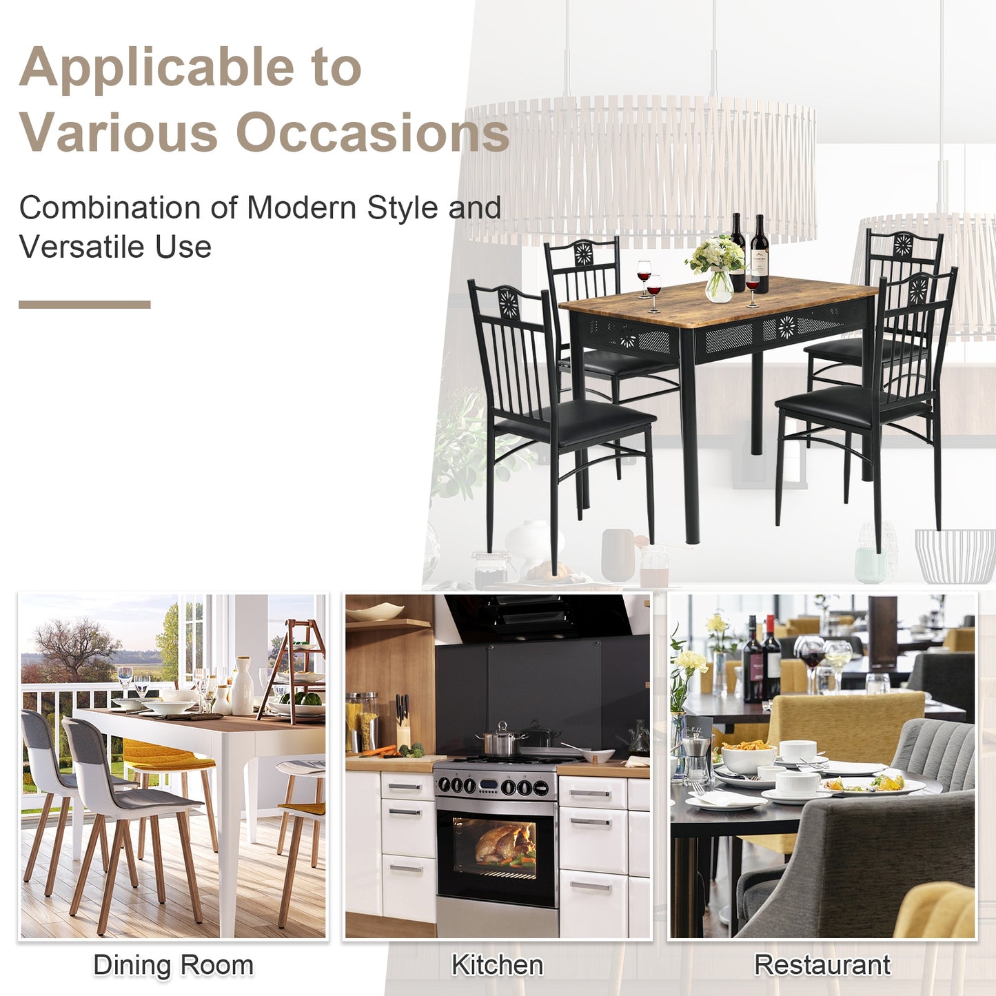 5 Piece Modern Dining Table Set with Cushioned Chairs and Metal Frame Space Saving Design - Black