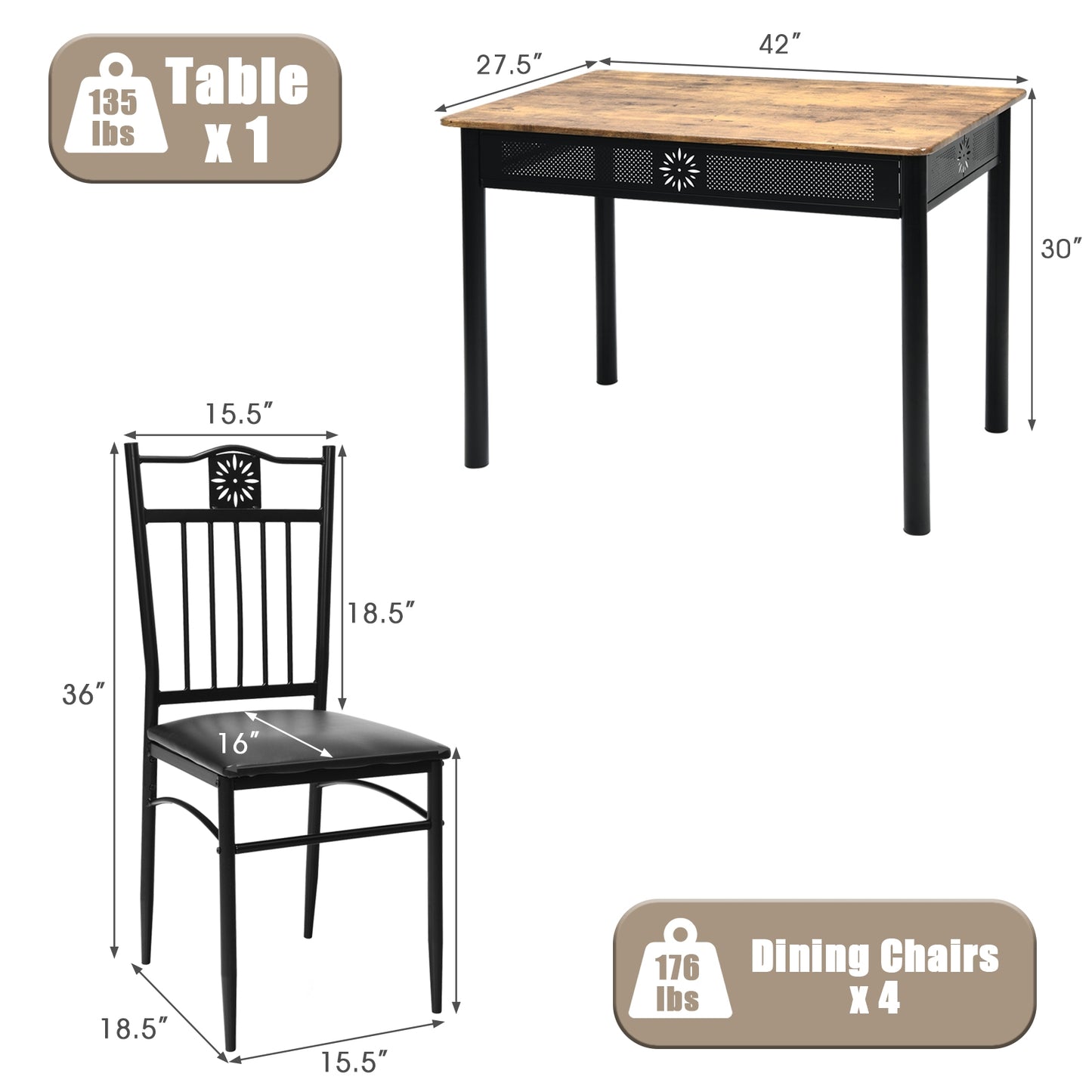 5 Piece Modern Dining Table Set with Cushioned Chairs and Metal Frame Space Saving Design - Black
