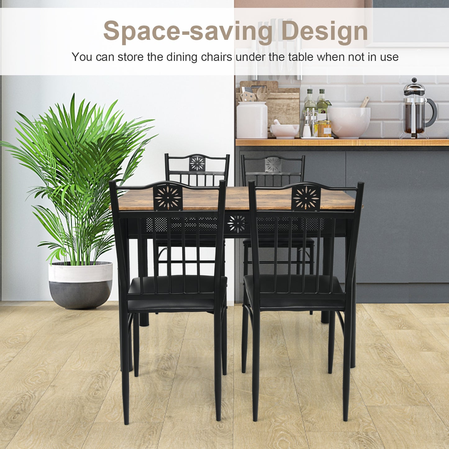 5 Piece Modern Dining Table Set with Cushioned Chairs and Metal Frame Space Saving Design - Black