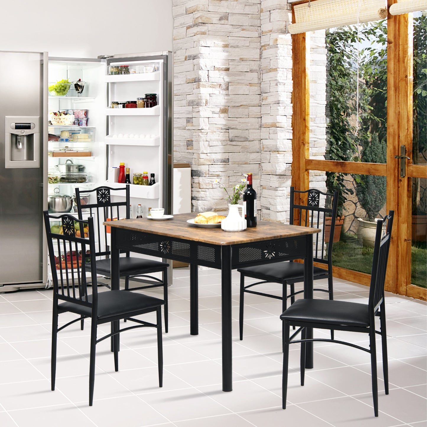 5 Piece Modern Dining Table Set with Cushioned Chairs and Metal Frame Space Saving Design - Black