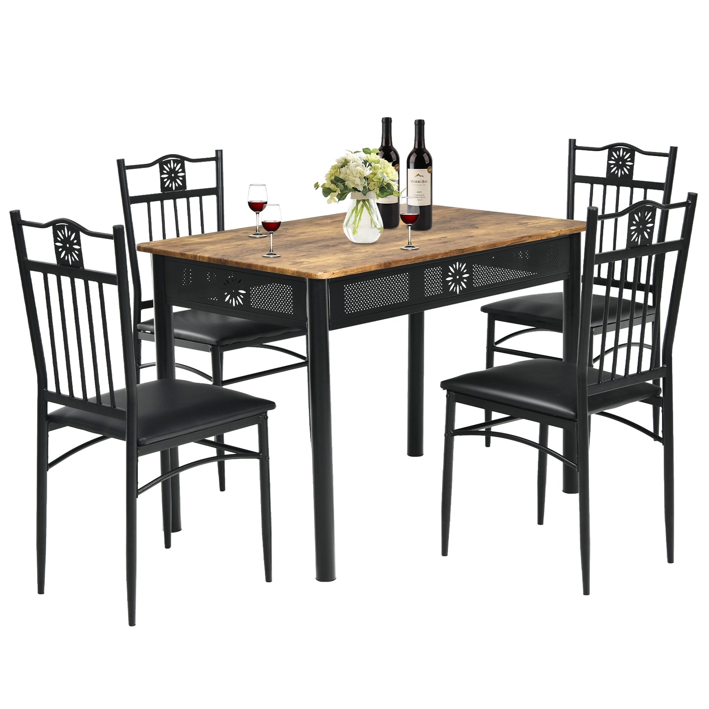 5 Piece Modern Dining Table Set with Cushioned Chairs and Metal Frame Space Saving Design - Black