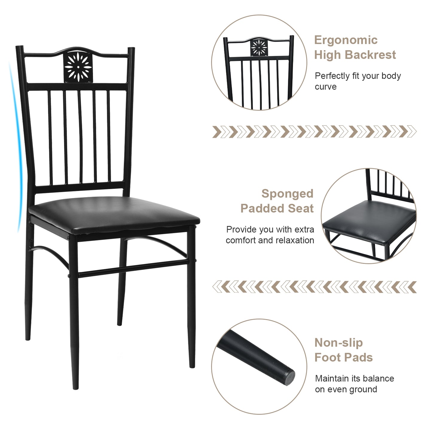 5 Piece Modern Dining Table Set with Cushioned Chairs and Metal Frame Space Saving Design - Black