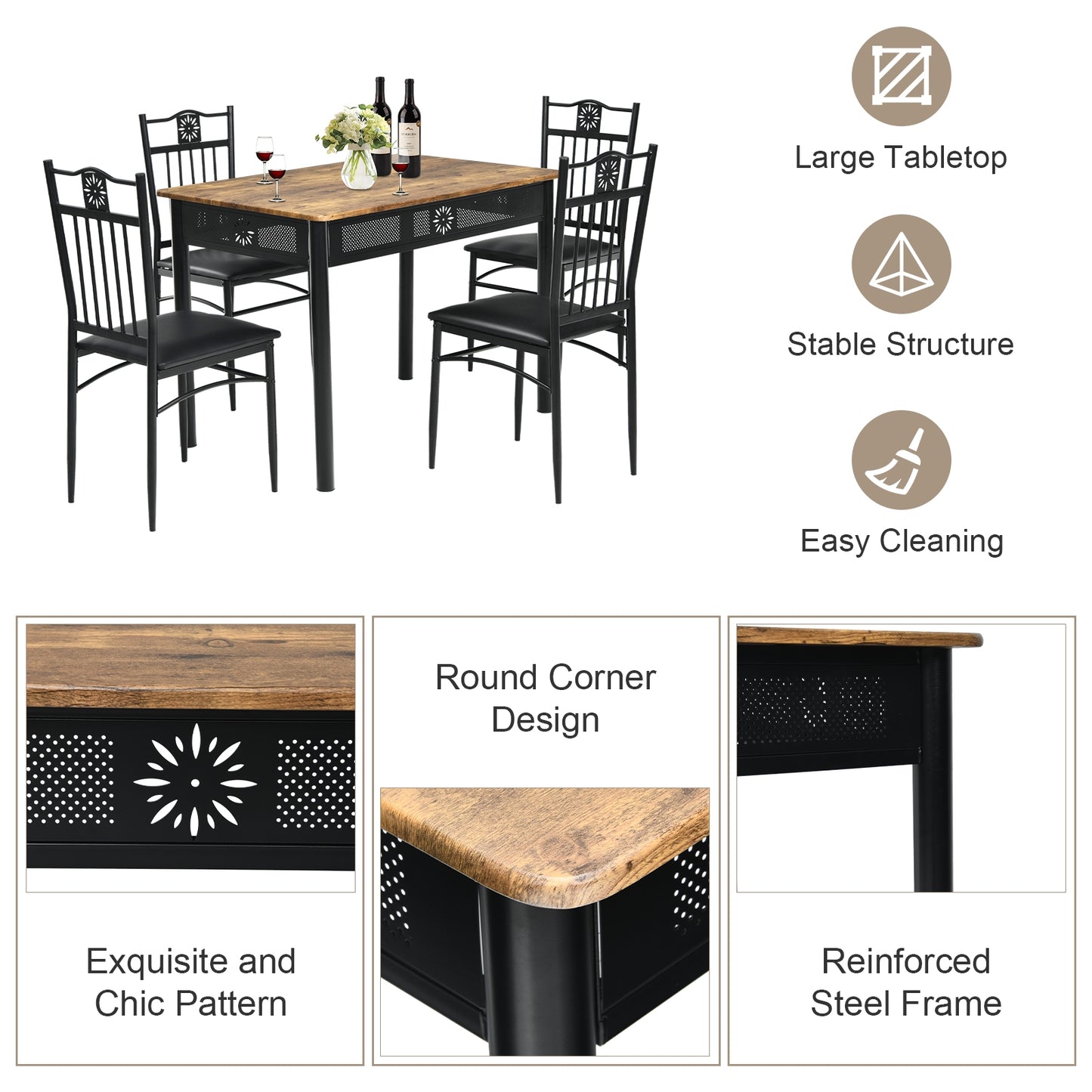 5 Piece Modern Dining Table Set with Cushioned Chairs and Metal Frame Space Saving Design - Black