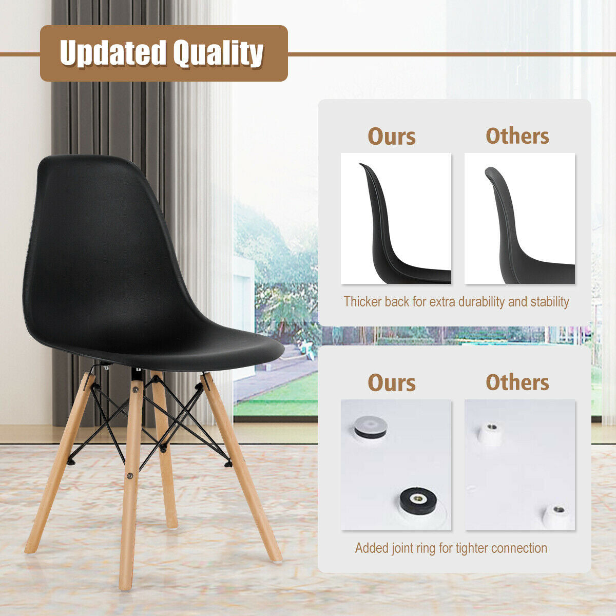 Mid-Century Modern Dining Chairs with Wooden Legs Black, Set of 4