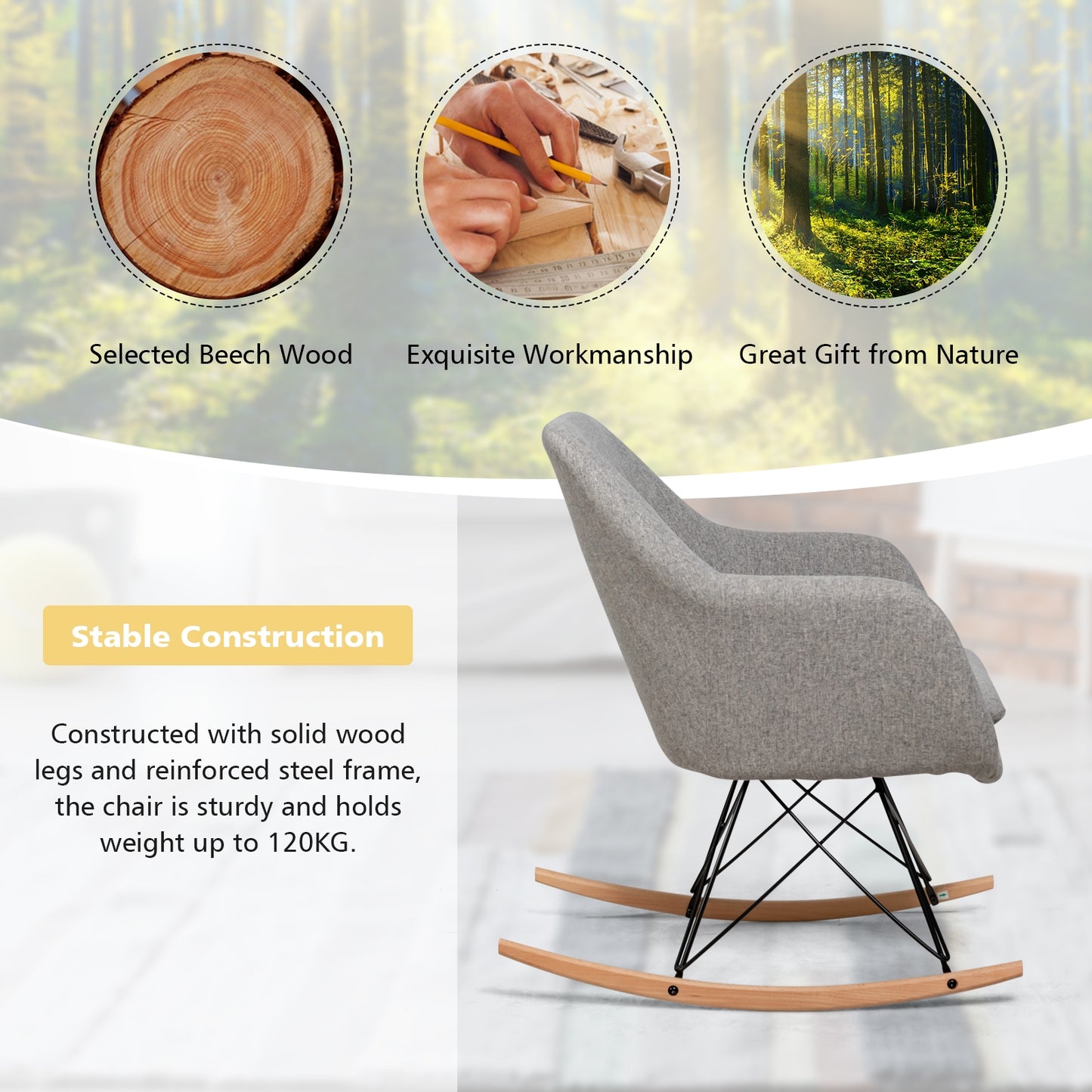 Contemporary Linen Rocking Chair with Padded Seat and Beech Wood Legs